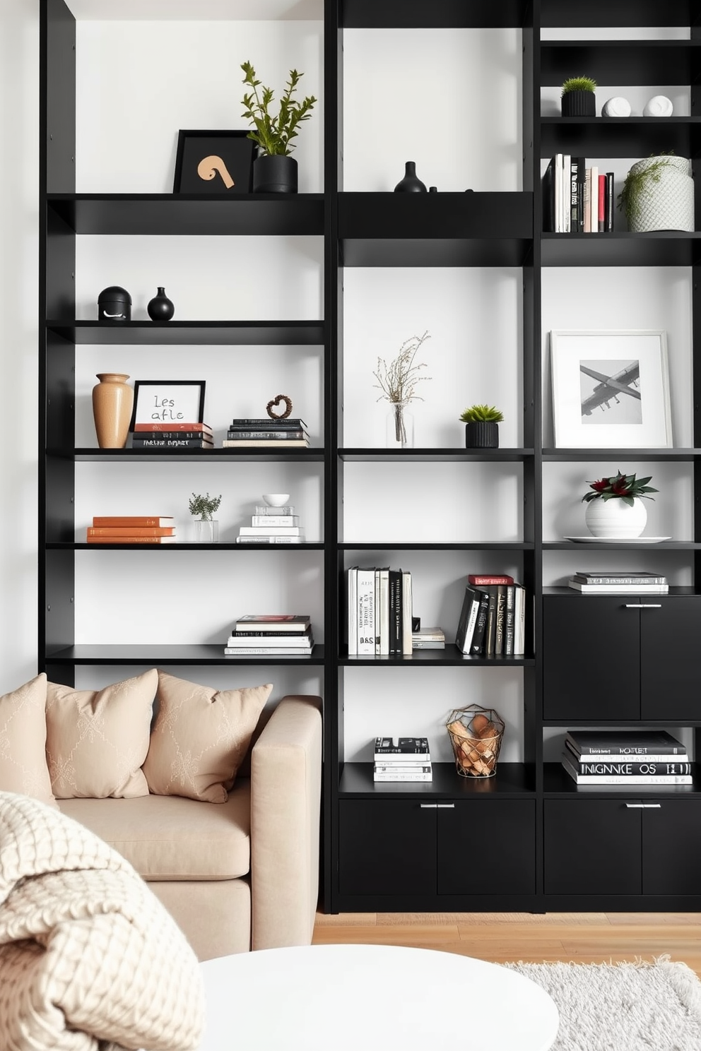 A modern black apartment featuring sleek black shelving units that serve as both storage and decorative elements. The shelves are adorned with curated decor items like books, plants, and art pieces, creating a stylish and functional focal point in the living area. The walls are painted in a soft white to contrast with the bold black shelving, enhancing the overall brightness of the space. Cozy seating arrangements with plush cushions and a minimalist coffee table complete the inviting atmosphere of the apartment.