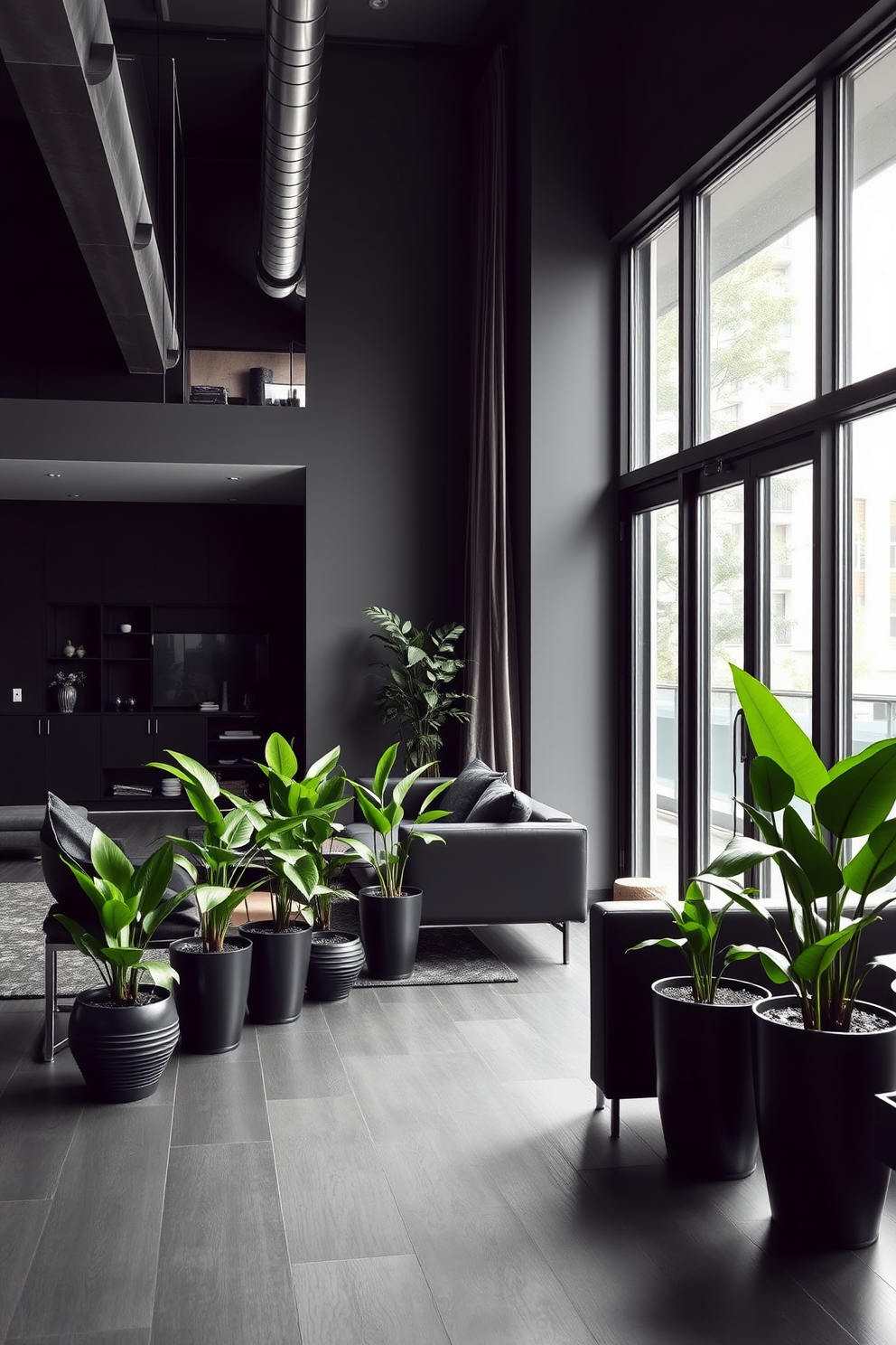 A stylish black apartment setting featuring an open-plan living area with sleek furniture and minimalist decor. Large windows allow natural light to flood the space, highlighting the rich textures of the black accents throughout. In the corner, a collection of lush green plants in black pots adds a touch of freshness and vibrancy to the room. The walls are painted in a deep charcoal hue, creating a cozy yet modern atmosphere.