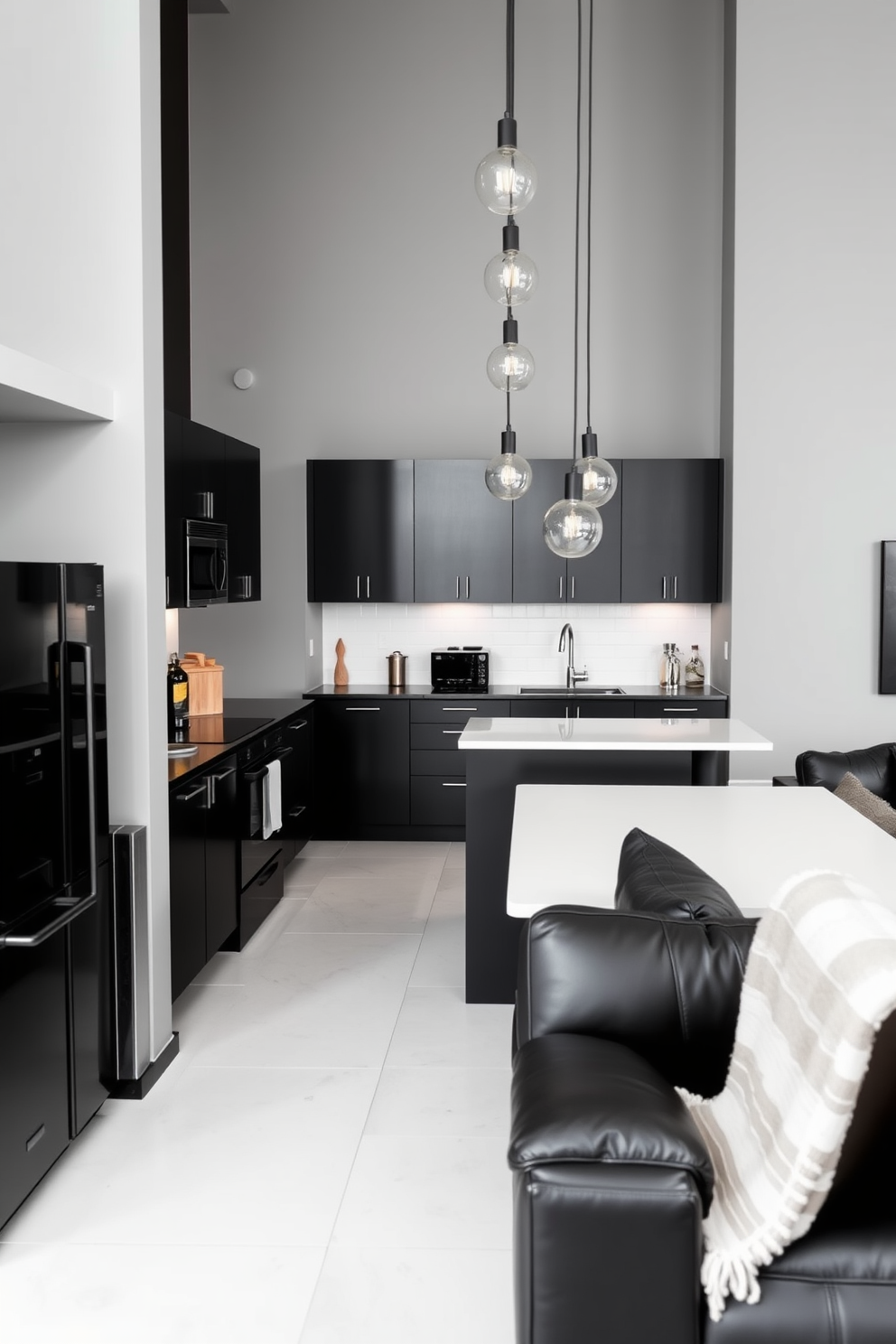 A modern black apartment design featuring a gallery wall adorned with various framed artworks in sleek black frames. The living area includes a plush sectional sofa in a neutral tone, complemented by a minimalist coffee table and a geometric rug. The kitchen showcases black cabinetry with gold hardware, paired with a white marble island that serves as a focal point. Large windows allow natural light to flood the space, highlighting the contrast between the dark elements and lighter furnishings.