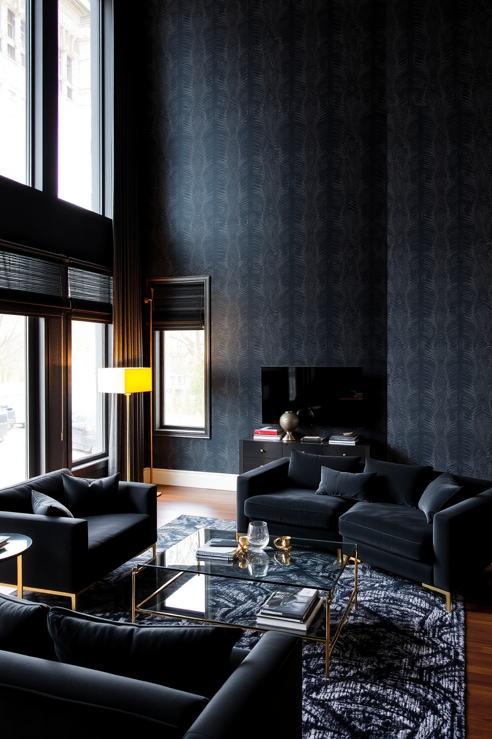 A striking black wallpaper adorns the walls of the living room, creating a dramatic backdrop for the space. The room features sleek modern furniture with gold accents, including a plush velvet sofa and a glass coffee table. In the corner, a stylish floor lamp casts a warm glow, enhancing the cozy atmosphere. Large windows allow natural light to filter in, contrasting beautifully with the dark walls and highlighting the rich textures throughout the room.