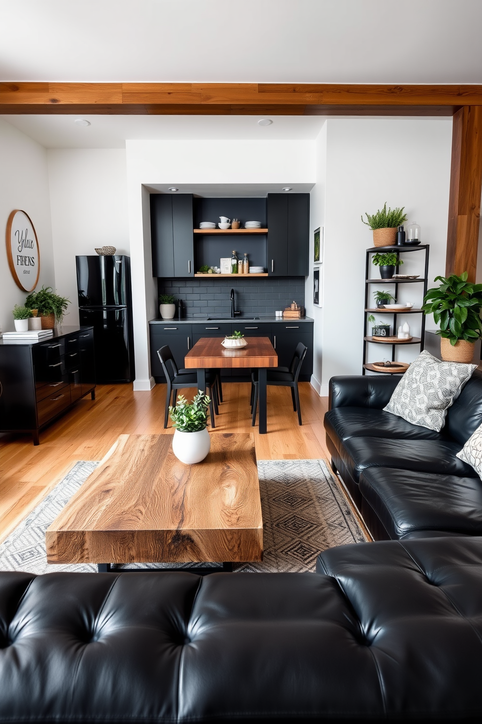 A modern apartment featuring a striking contrast between sleek black furniture and warm natural wood accents. The living area showcases a black leather sofa paired with a reclaimed wood coffee table, creating a harmonious balance of materials. In the kitchen, black cabinetry complements wooden shelves adorned with potted plants and stylish dishware. The dining space includes a black dining table surrounded by wooden chairs, enhancing the overall aesthetic of sophistication and comfort.