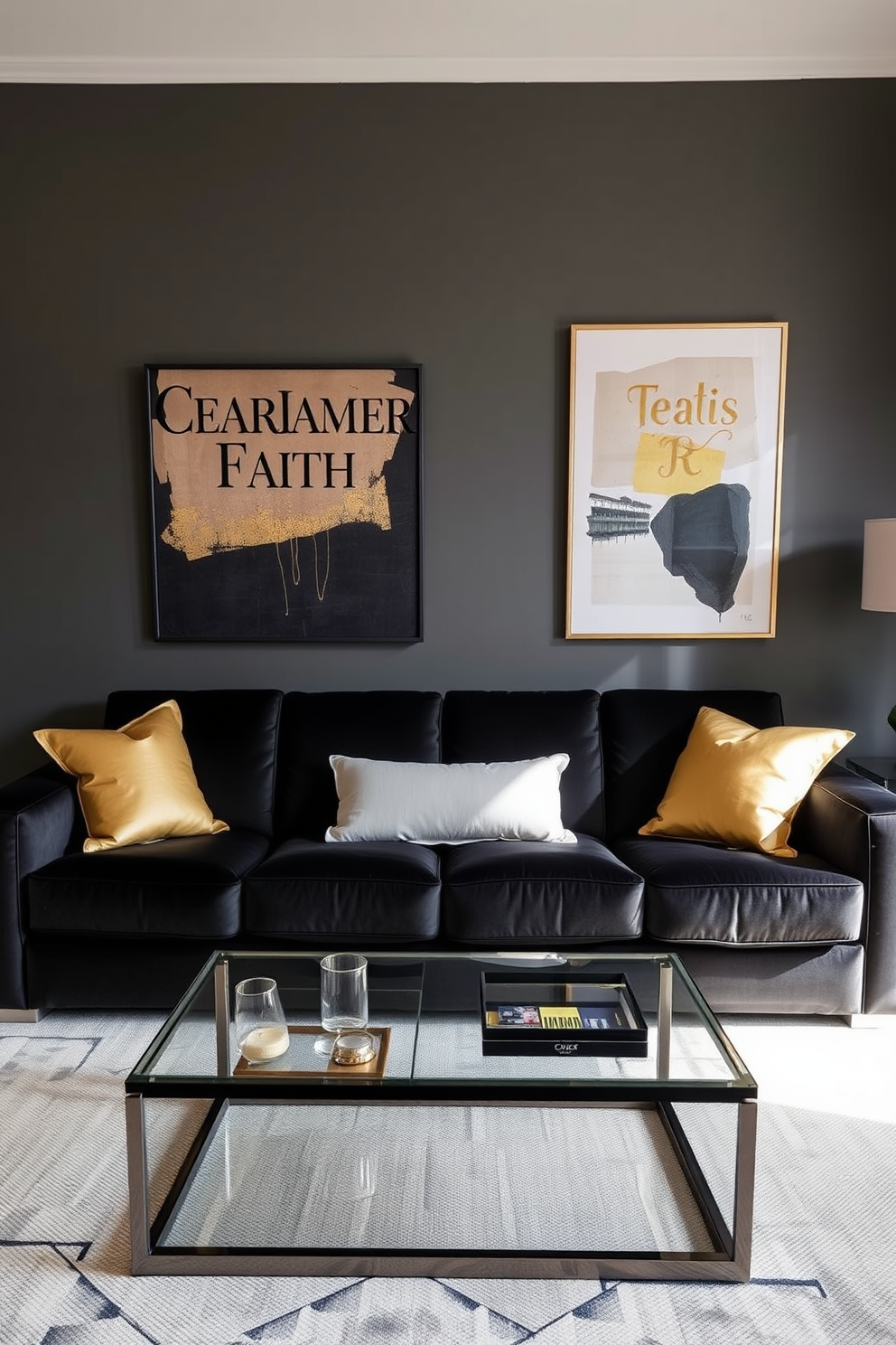 Choose a black sofa for timeless appeal. The space features a sleek black sofa paired with gold accent pillows, creating an elegant contrast. The walls are adorned with abstract art pieces in muted tones. A glass coffee table sits in front of the sofa, reflecting the modern aesthetic of the apartment.