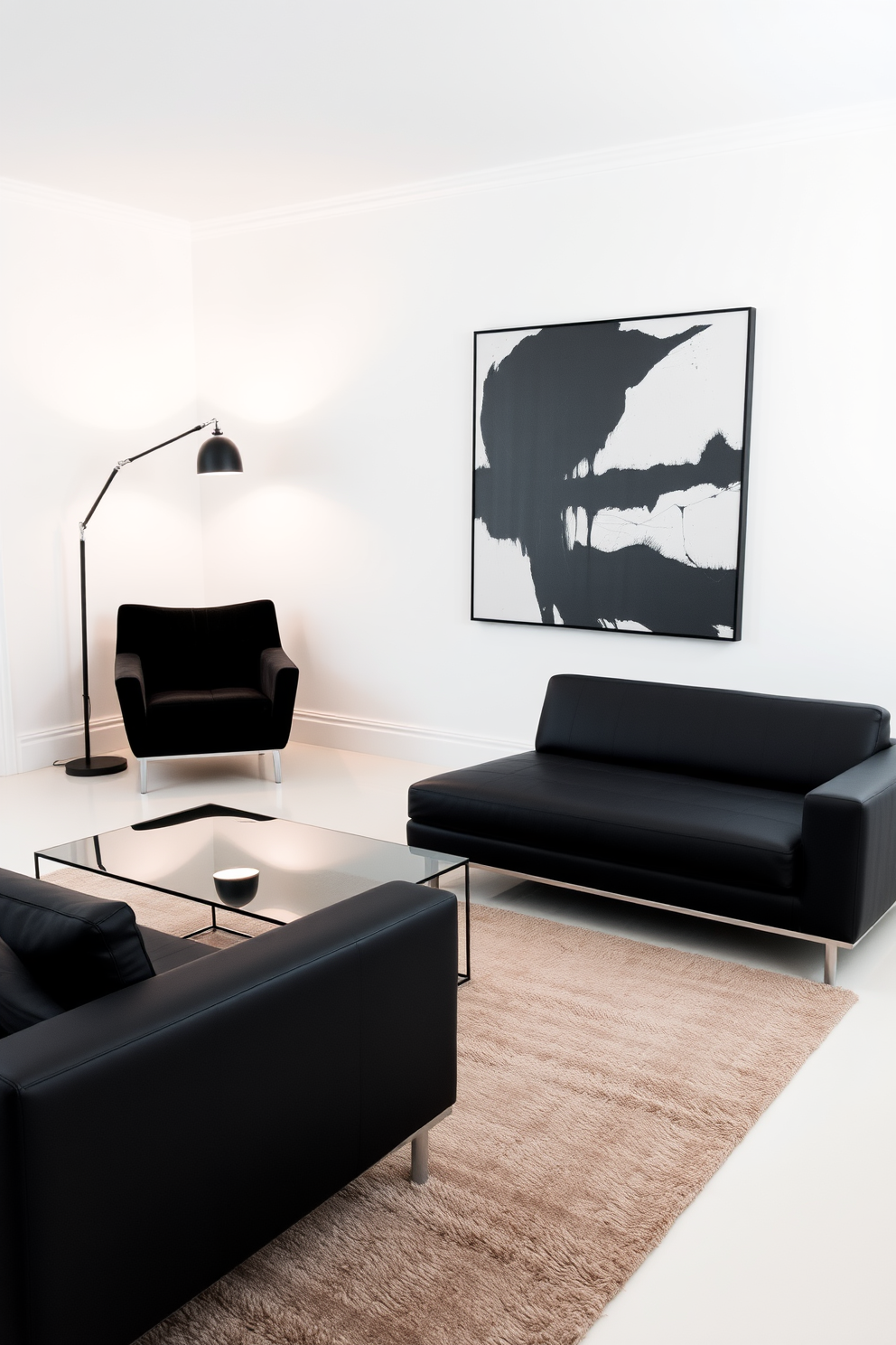 A sleek black sofa with clean lines sits in the center of the living room, complemented by a glass coffee table with a geometric design. The walls are painted in a soft white to enhance the elegance of the black furniture, while a large abstract artwork in monochrome tones adorns the wall above the sofa. In the corner, a stylish black accent chair adds a touch of sophistication, paired with a minimalist floor lamp that emits a warm glow. The room features a plush area rug in muted tones, tying together the modern elegance of the space with a cozy yet refined atmosphere.