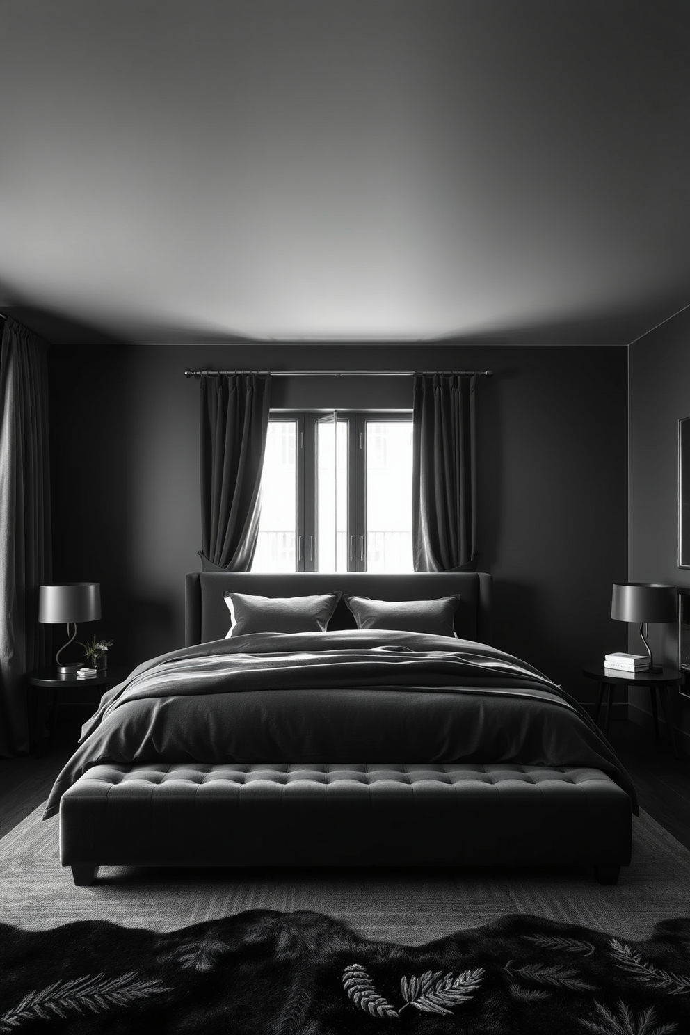 A sleek monochromatic black bedroom features a plush black velvet bed with a large headboard. The walls are painted in a deep matte black, creating a dramatic backdrop for the space. Accent pieces include black bedside tables with minimalist lamps and a stylish black area rug underfoot. Soft black curtains frame the windows, allowing for a cozy, intimate atmosphere.