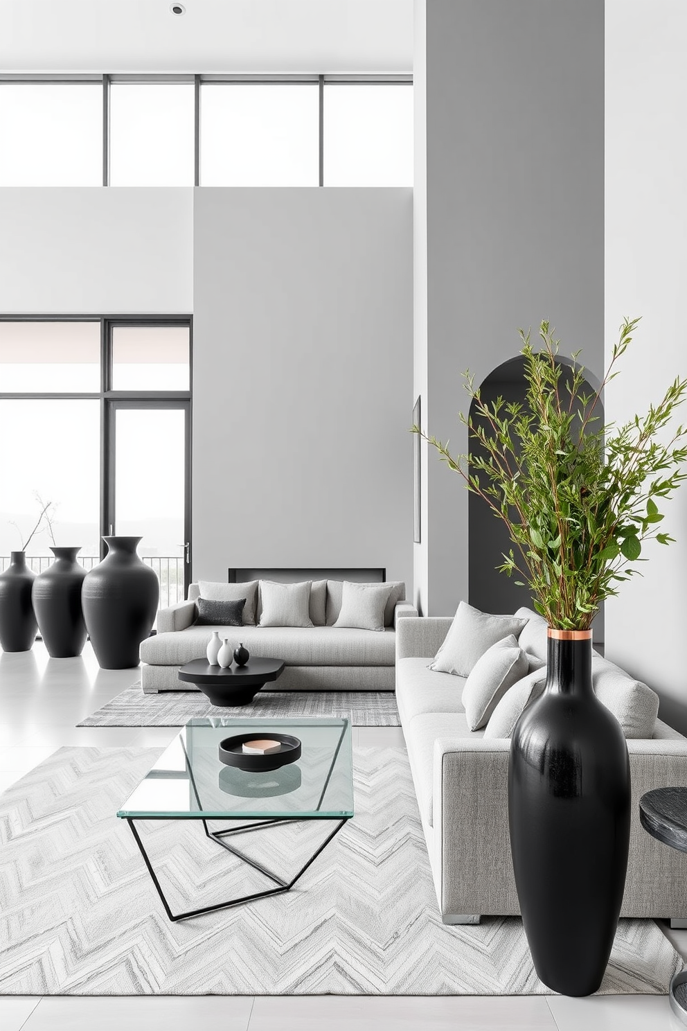 A sleek and modern black apartment featuring an open-concept living space with floor-to-ceiling windows that flood the room with natural light. The walls are painted in a soft gray tone, creating a perfect backdrop for the bold black ceramic vases strategically placed throughout the space. The living area includes a plush sectional sofa in a neutral fabric, complemented by a geometric coffee table made of glass and metal. In one corner, a black ceramic vase filled with vibrant greenery adds a touch of life and elegance to the minimalist decor.