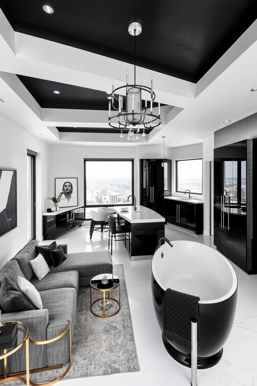 A striking black apartment design features an accent ceiling painted in a deep matte black that draws the eye upward. The walls are adorned with sleek white finishes, creating a bold contrast that enhances the modern aesthetic. The living area showcases a plush sectional sofa in a rich gray fabric, complemented by gold and glass accent tables. Large windows flood the space with natural light, highlighting the unique artwork displayed on the walls. In the kitchen, minimalist cabinetry in a high-gloss black pairs beautifully with white quartz countertops. A stylish island serves as both a functional workspace and a gathering spot for entertaining guests. The bedroom offers a serene retreat with a king-sized bed dressed in luxurious linens, accented by black throw pillows. A statement chandelier hangs from the accent ceiling, adding a touch of elegance to the intimate space. The bathroom features a sleek freestanding tub positioned beneath a large window, allowing for a relaxing soak with a view. Black fixtures and a floating vanity create a chic and cohesive design that embodies sophistication.