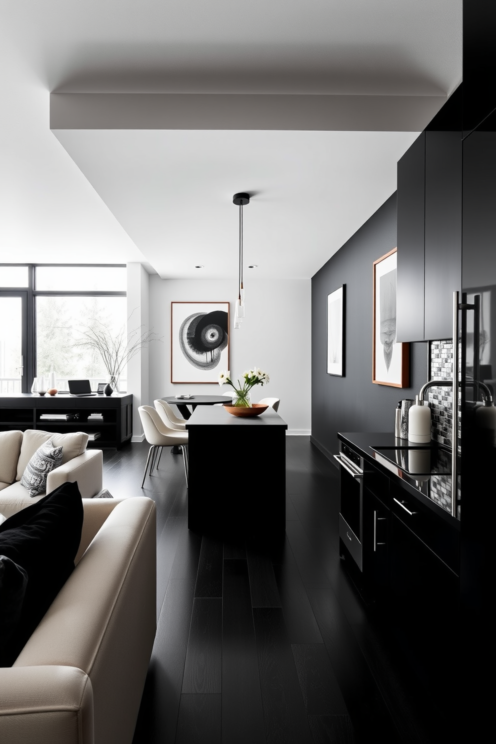 A modern apartment featuring black-painted interior doors that create a striking contrast with the light-colored walls. The open living space includes a sleek kitchen with minimalist cabinetry and a cozy seating area adorned with stylish decor. In the bedroom, the black doors lead to a spacious closet and an en-suite bathroom, enhancing the overall aesthetic. The use of black accents throughout the apartment adds sophistication and depth to the design.