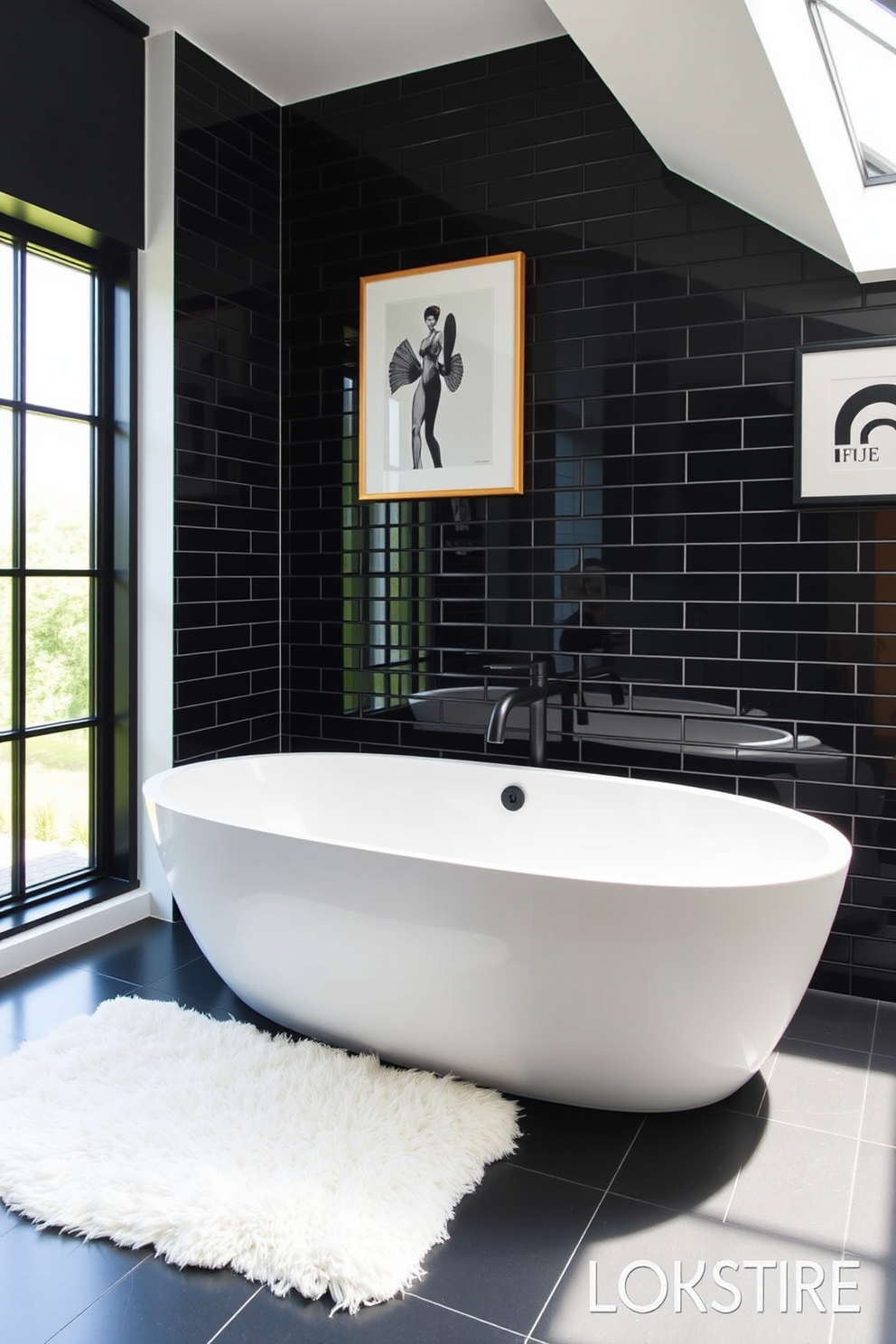 A chic bathroom setting featuring sleek black tiles that create a modern and elegant atmosphere. The space includes a freestanding bathtub with a minimalist design, complemented by a stylish black faucet and a large window allowing natural light to flood in. The walls are adorned with contemporary art pieces that add a touch of sophistication. A plush white rug sits beneath the bathtub, offering a soft contrast to the bold black tiles.