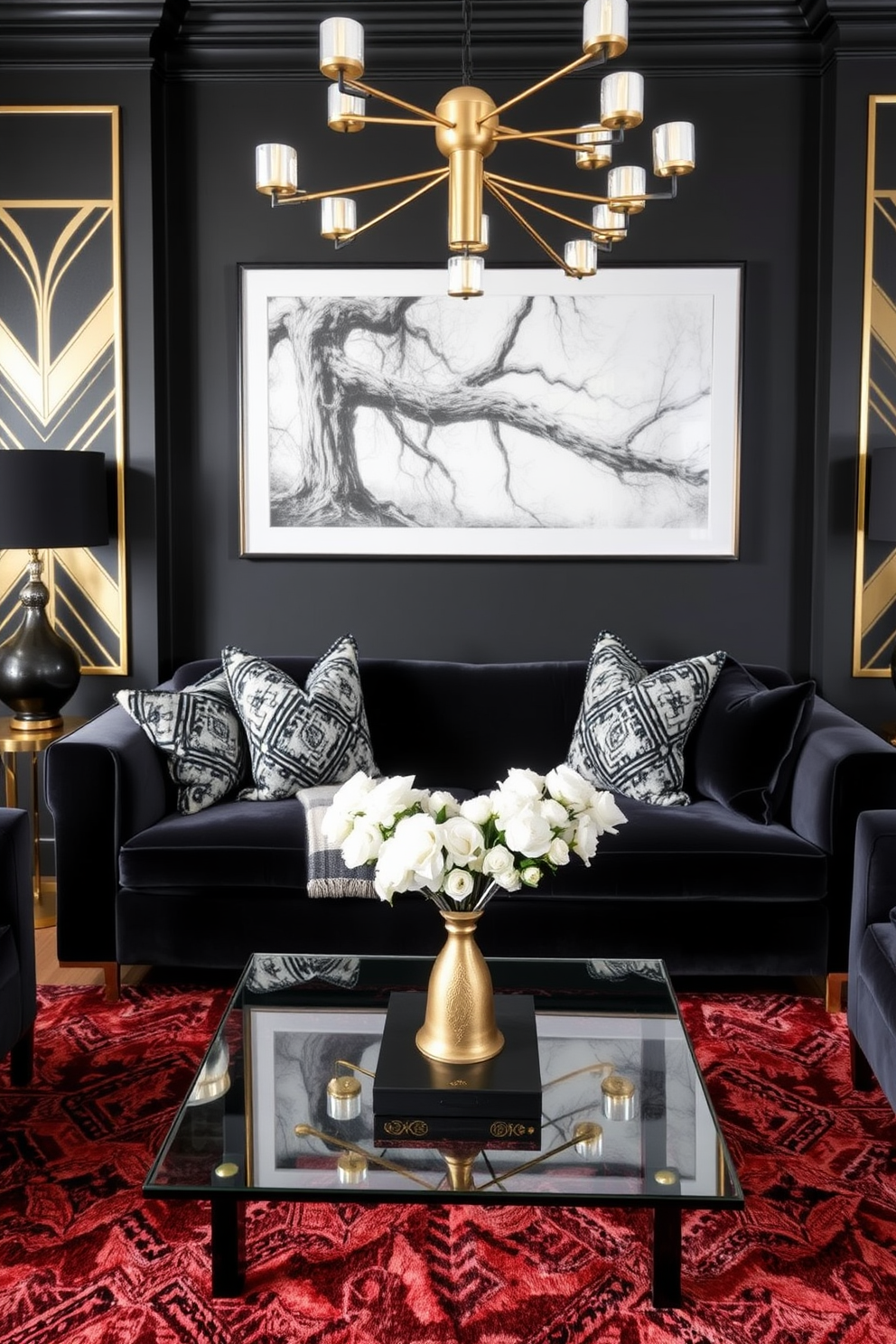 Create a dramatic entryway featuring a sleek black console table with gold accents. A large round mirror hangs above the table, reflecting the soft glow of an ornate chandelier overhead. The walls are painted in a deep charcoal shade, enhancing the sense of luxury. A plush area rug in a geometric pattern lies beneath, adding texture and warmth to the space.