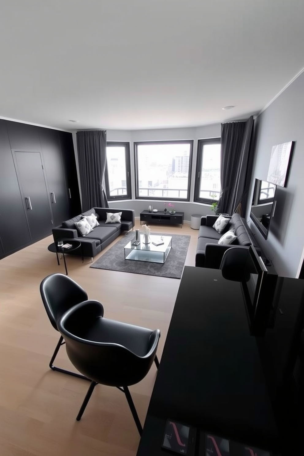 A modern black apartment featuring sleek lines and minimalist furniture. The living room showcases a black sectional sofa paired with a glass coffee table and geometric accent pillows. The dining area includes a black dining table with stylish chairs that complement the overall aesthetic. Large windows allow natural light to flood the space, highlighting the elegant simplicity of the design.