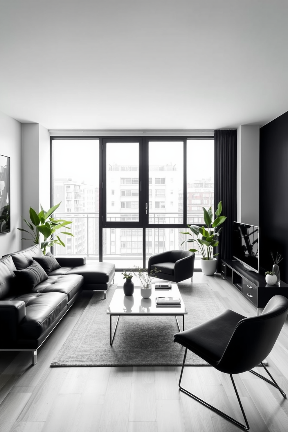 Create a minimalist look with black decor. The apartment features sleek black furniture, including a low-profile sofa and a minimalist coffee table, set against white walls for contrast. Large windows allow natural light to flood the space, highlighting the clean lines and uncluttered surfaces. Accents of greenery, such as potted plants, add a touch of life to the monochromatic palette.