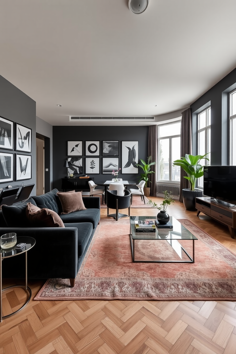 A chic black apartment design featuring an open-plan living area with sleek furniture and modern accents. The space is adorned with black decorative trays on the coffee table, providing organization while enhancing the overall aesthetic. The kitchen showcases black cabinetry paired with stainless steel appliances and a striking white backsplash. A cozy dining nook is set up with a round table and black chairs, creating an inviting atmosphere for meals.