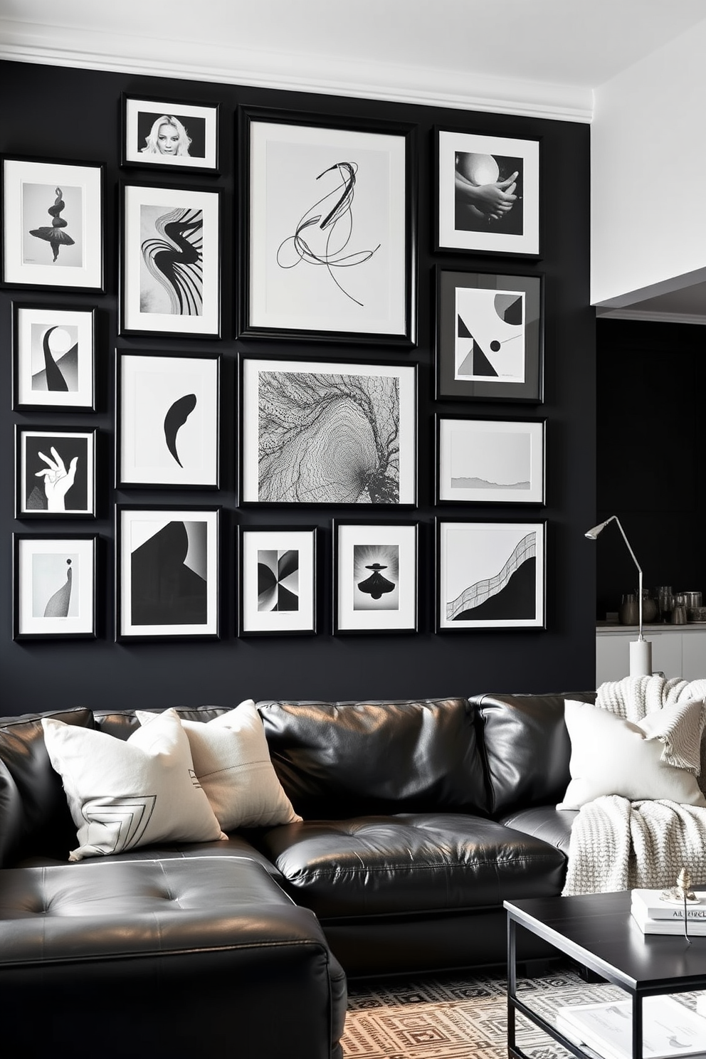 A striking black and white gallery wall art display featuring a mix of abstract and photographic pieces in various frame styles. The arrangement is thoughtfully curated to create a cohesive yet dynamic visual impact in the room. An elegant black apartment design that combines modern furnishings with minimalist decor elements. The space showcases a blend of textures, including sleek leather sofas and soft woolen throws, creating a sophisticated yet inviting atmosphere.