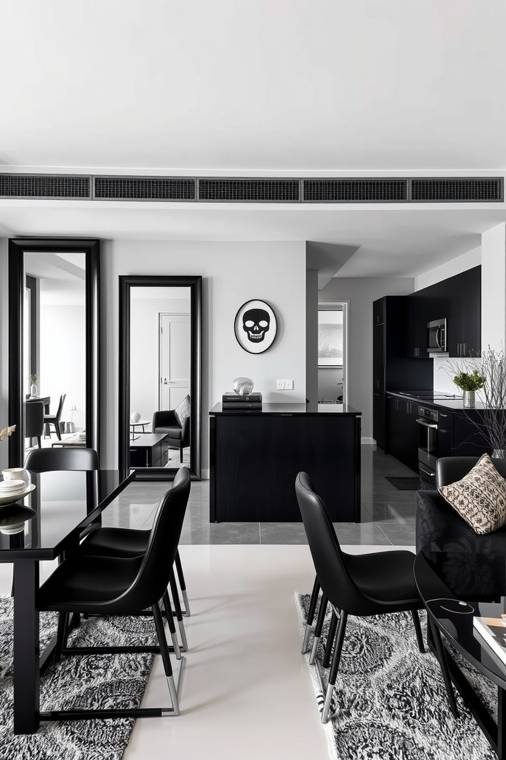 A chic black apartment setting featuring an open living area with sleek furniture and modern decor. The walls are painted in a soft gray tone, and large black framed mirrors are strategically placed to enhance the sense of space. The kitchen area showcases a minimalist design with black cabinetry and stainless steel appliances. A stylish dining table with black chairs complements the overall aesthetic, creating a cohesive look throughout the apartment.