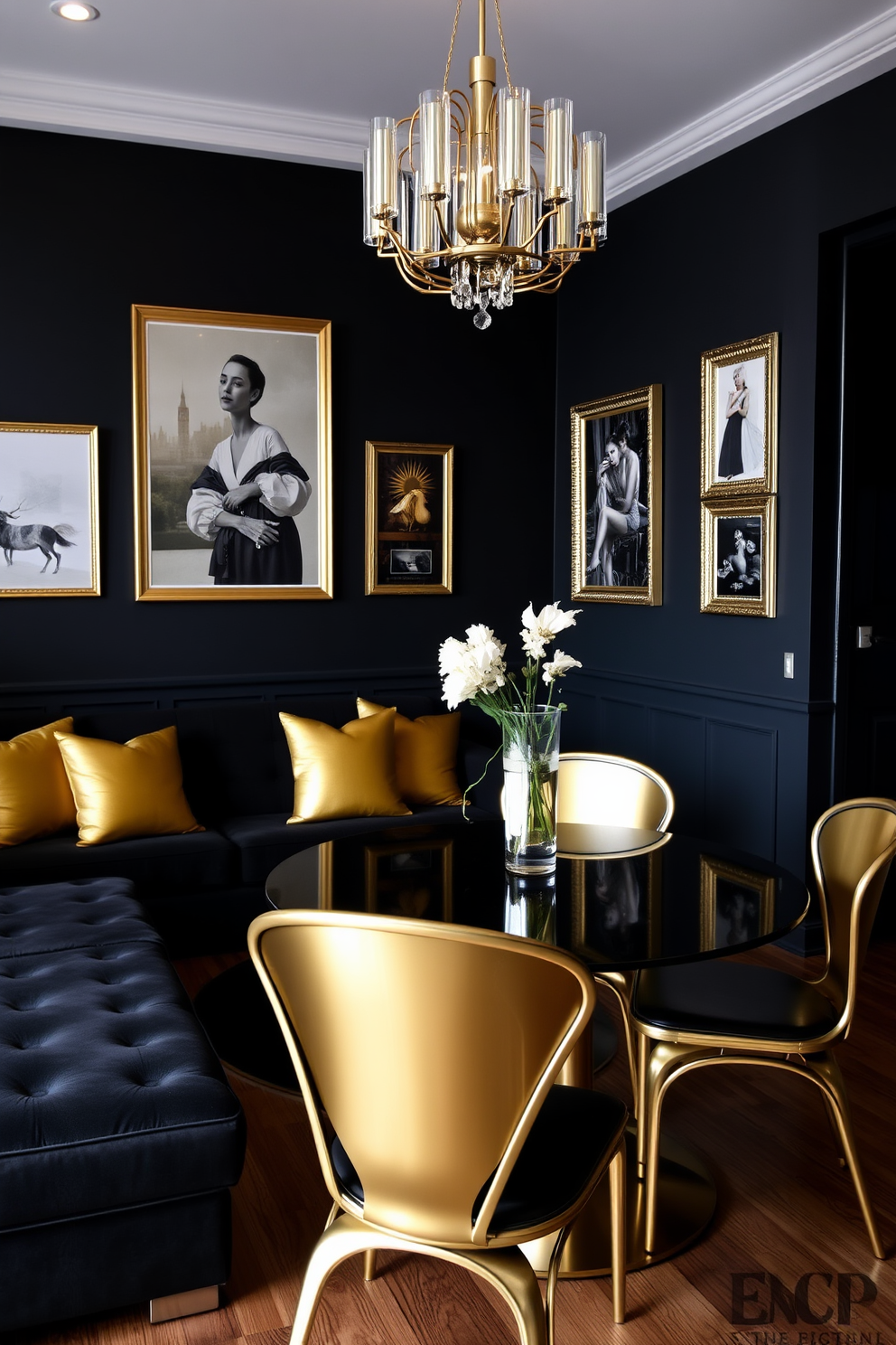 A modern apartment featuring a sleek black sofa adorned with gold accent pillows. The walls are painted in a deep matte black, creating a dramatic backdrop for the gold-framed artwork displayed throughout the space. In the dining area, a round black table is complemented by elegant gold chairs that add a touch of luxury. Soft lighting from a gold chandelier casts a warm glow over the room, enhancing the sophisticated ambiance.