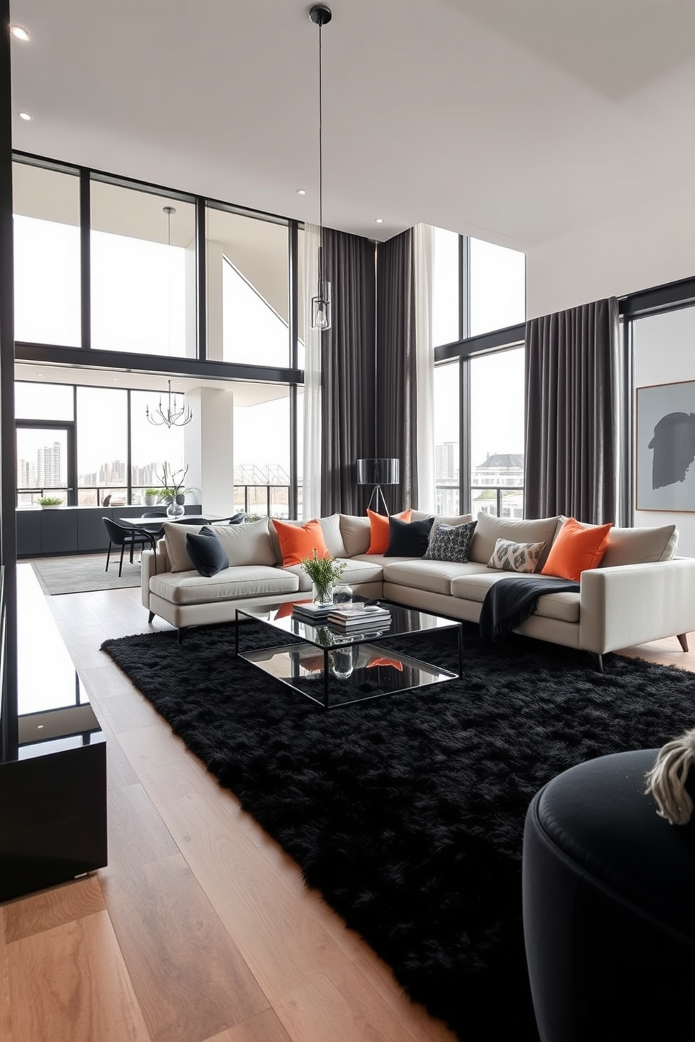 A sleek black apartment design features an open-concept living area with floor-to-ceiling windows that flood the space with natural light. The walls are painted in a soft gray, creating a subtle contrast with the bold black furniture and accents throughout the room. In the bedroom, a large black bed frame is paired with crisp white linens, while a plush area rug adds warmth underfoot. Black mirrors are strategically placed to enhance light and create an illusion of more space, reflecting the stylish decor and vibrant greenery from potted plants.