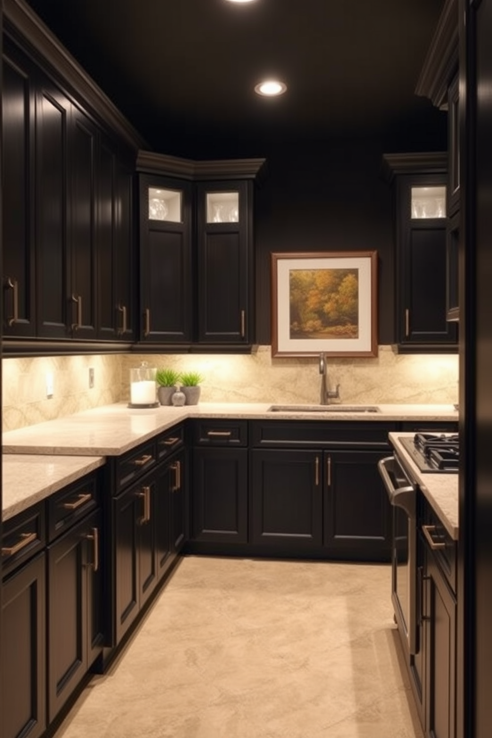 A stylish basement featuring dark cabinetry that adds depth and sophistication to the space. The contrasting light-colored countertops create an inviting atmosphere, enhancing the overall design. The walls are painted in a rich, dark hue, providing a dramatic backdrop for the cabinetry. Soft ambient lighting highlights the textures and finishes, creating a warm and welcoming environment.