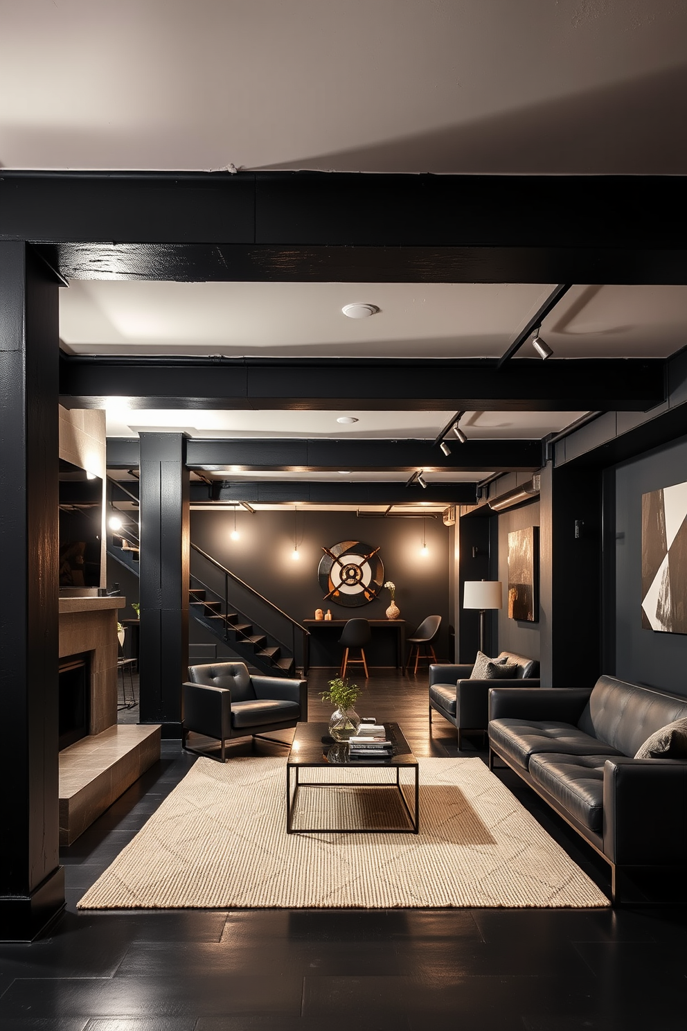 A striking black basement featuring exposed black painted beams that enhance the industrial aesthetic. The space is furnished with sleek modern furniture, complemented by warm ambient lighting to create a cozy atmosphere.