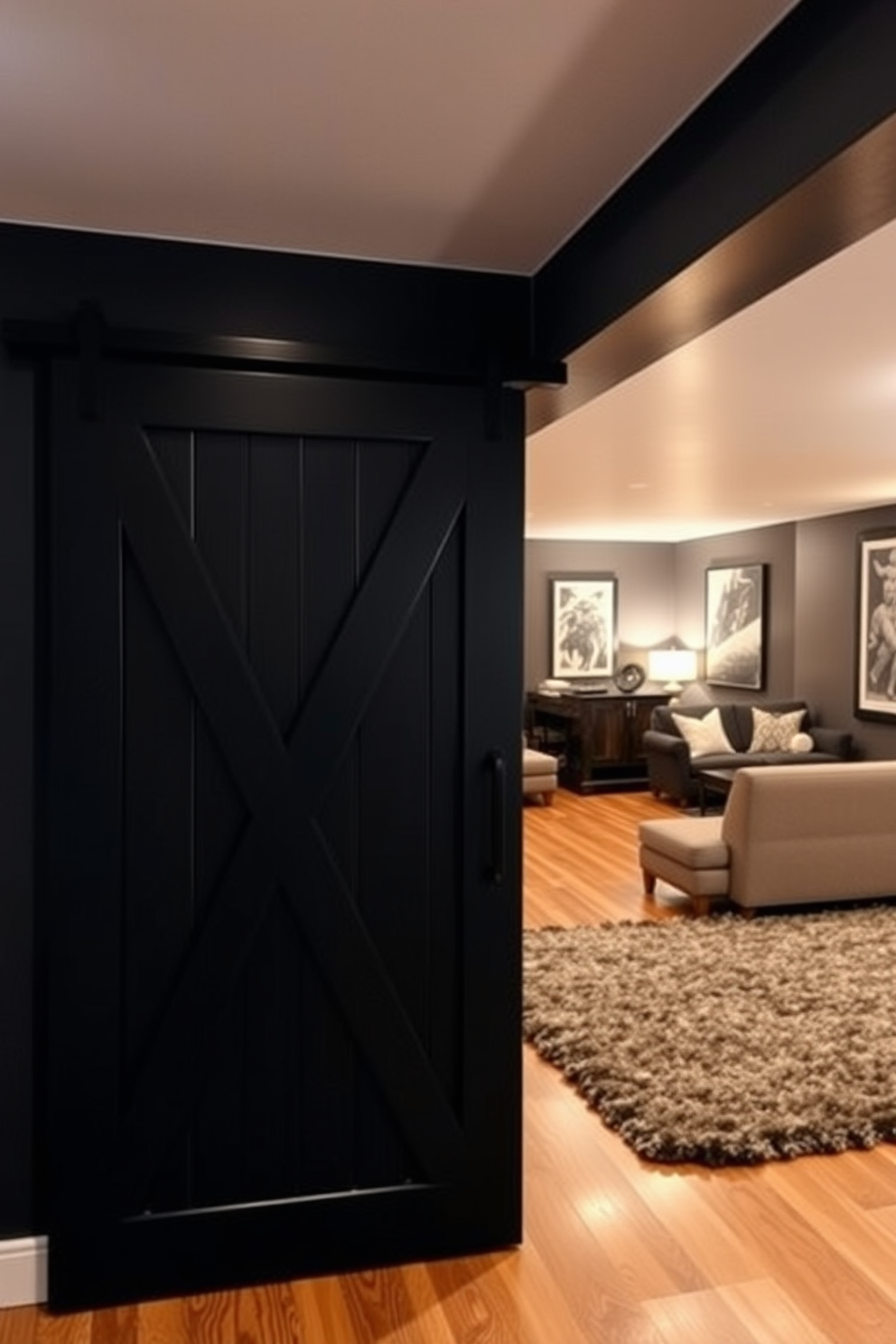 A stylish black sliding barn door serves as a striking focal point in the space. The basement features an open layout with cozy seating areas and ambient lighting, creating an inviting atmosphere. The walls are painted in a deep charcoal shade, complemented by warm wood accents throughout. A plush area rug adds texture, while modern art pieces adorn the walls, enhancing the overall aesthetic.