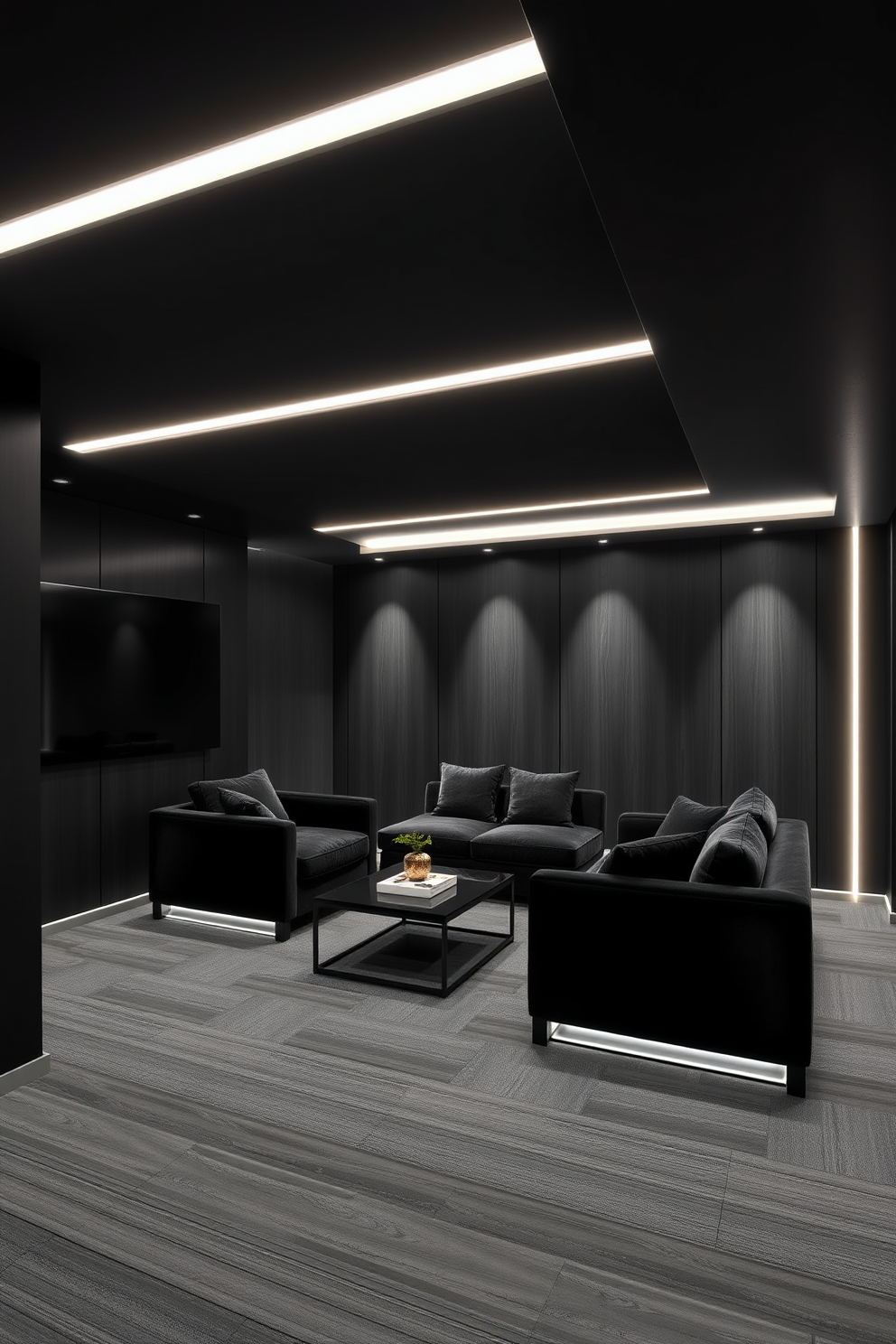 A modern black basement designed with sleek lines and a minimalist aesthetic. Accent lighting strategically illuminates black features, creating a dramatic and inviting atmosphere. The space includes a comfortable seating area with plush black sofas and a stylish coffee table. Dark wood paneling adds warmth, while the lighting enhances the overall elegance of the design.