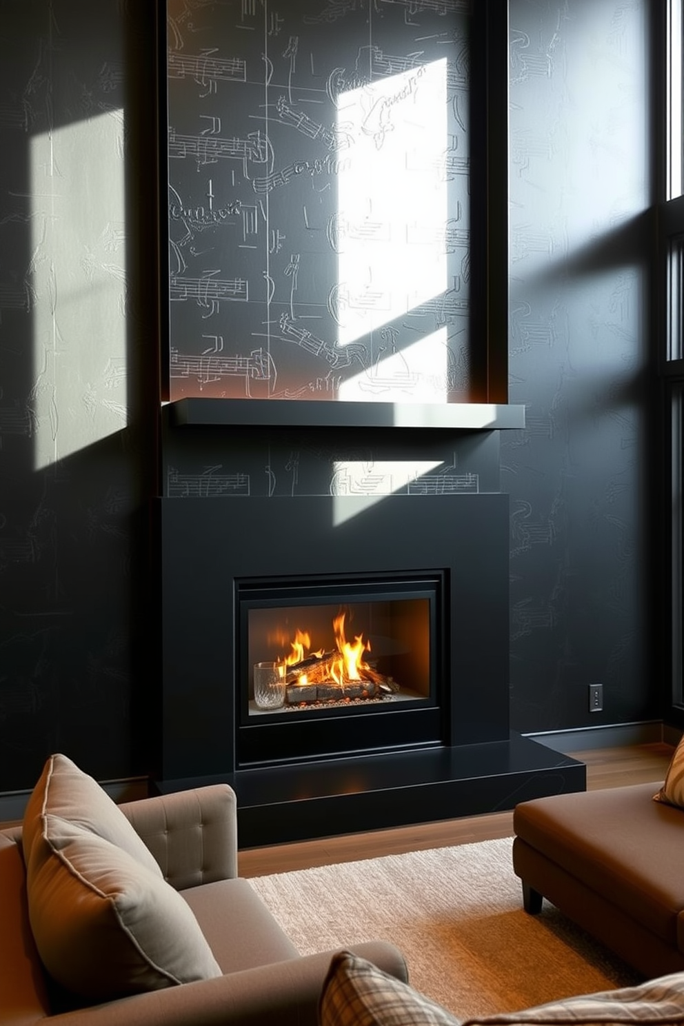 A striking black fireplace with a sleek modern mantel serves as the focal point of the room. The surrounding walls are adorned with dark, textured finishes that enhance the contemporary aesthetic. The basement features a cozy lounge area with plush seating and ambient lighting. Large windows allow natural light to filter in, creating a warm and inviting atmosphere.