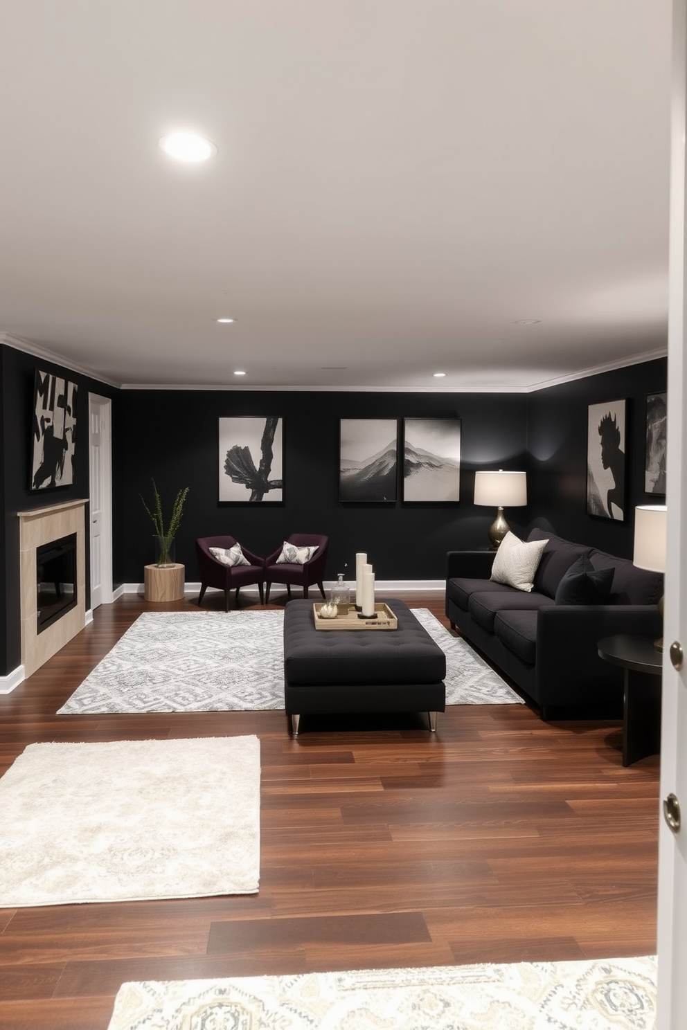 A contemporary black fireplace serves as the focal point of a stylish basement. The space features sleek black walls and plush furnishings in neutral tones, creating a cozy yet modern atmosphere.