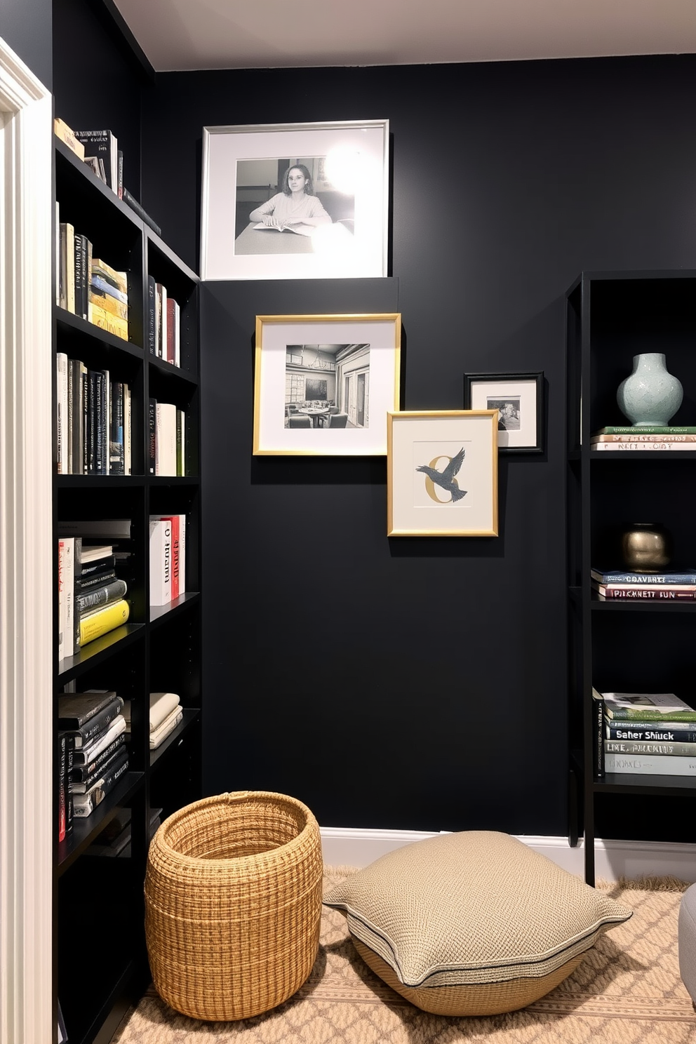 A modern basement featuring bold black shelving that showcases an array of books and decorative items. The walls are painted in a dark charcoal hue, creating a cozy yet sophisticated atmosphere.