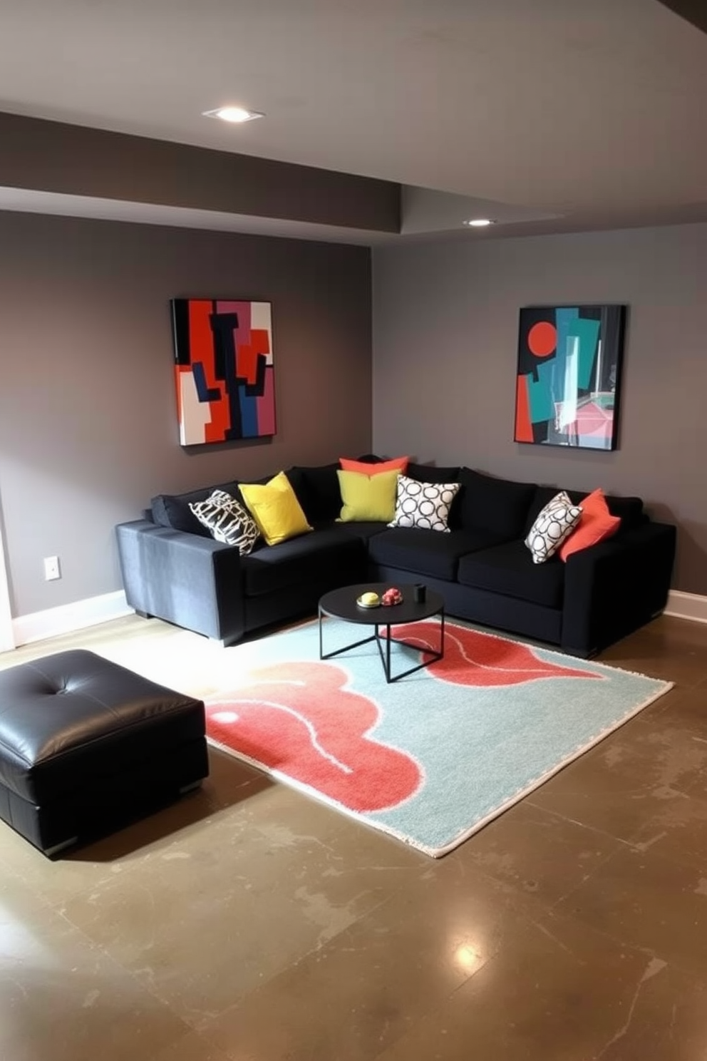 A cozy black sectional sofa is positioned in the center of the room, adorned with an array of colorful throw pillows that add a vibrant touch. The walls are painted in a warm gray tone, and soft lighting creates an inviting atmosphere. The basement features a modern design with sleek finishes and a polished concrete floor that contrasts beautifully with the dark sectional. A stylish area rug anchors the seating area, while artwork in bold colors adorns the walls, enhancing the overall aesthetic.