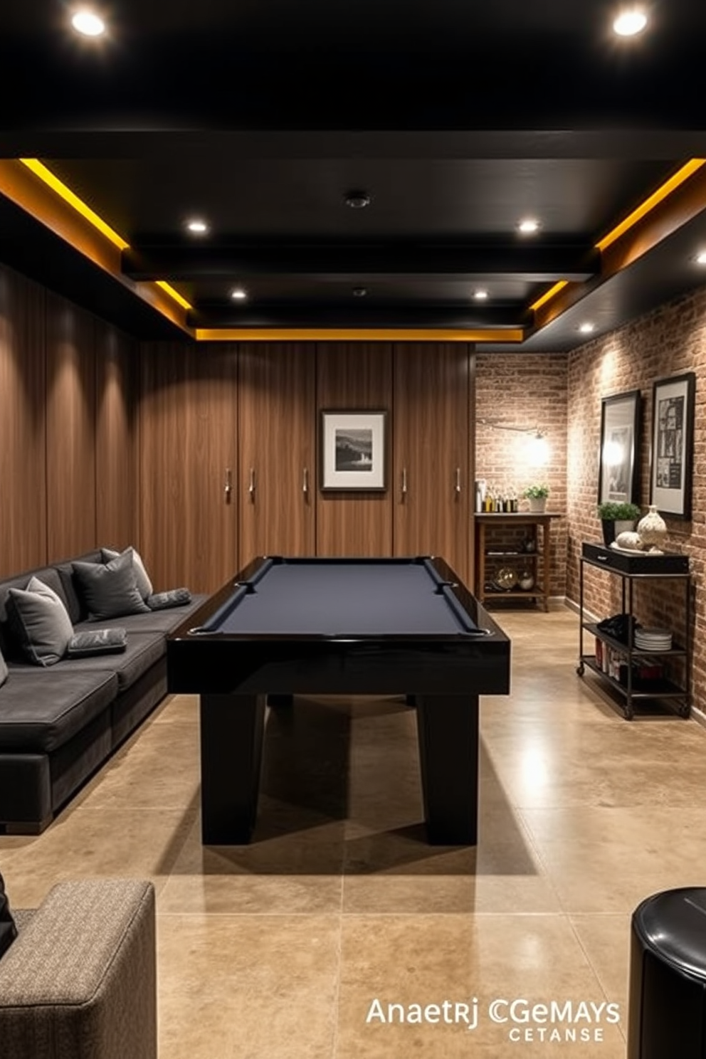 A stylish black pool table takes center stage in a modern basement, surrounded by plush seating in deep gray tones. The walls are adorned with sleek wood paneling, and ambient lighting creates a warm, inviting atmosphere. This basement design features a combination of industrial elements and contemporary decor, with exposed brick walls and polished concrete floors. Accent pieces like a vintage bar cart and framed artwork add personality and charm to the space.