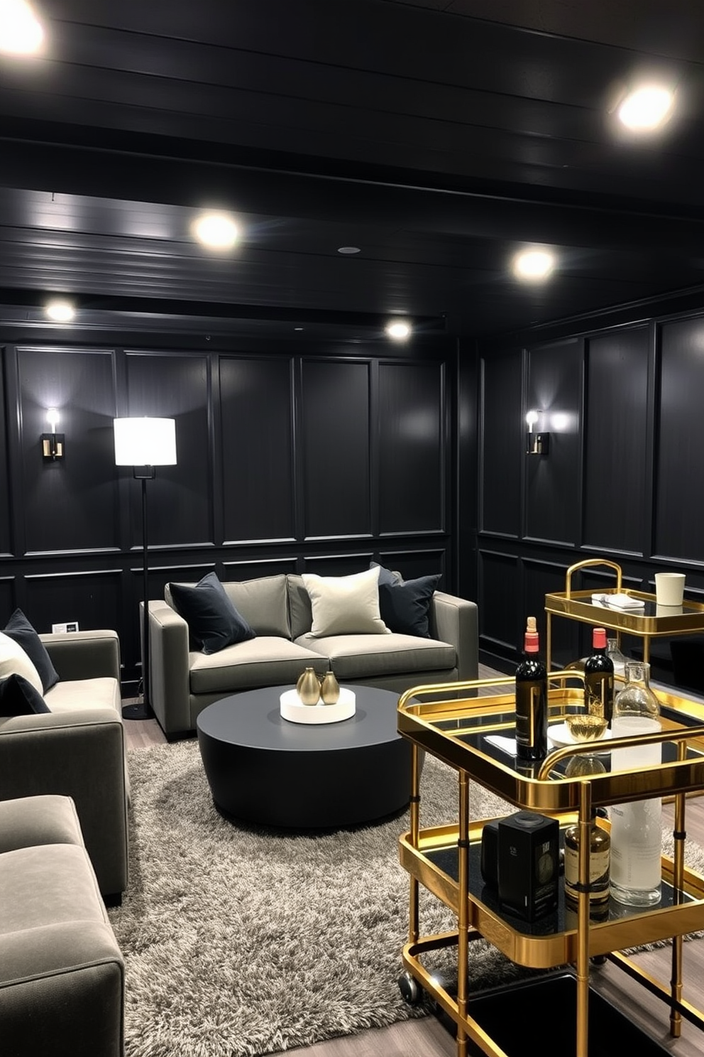 A sleek black basement featuring a modern lounge area with plush seating and a statement coffee table. The walls are adorned with dark wood paneling, and black and brass fixtures provide an elegant touch throughout the space. Ambient lighting highlights the cozy atmosphere, with recessed lights and stylish floor lamps illuminating the area. A plush area rug anchors the seating arrangement, while a bar cart with brass accents adds a touch of luxury.