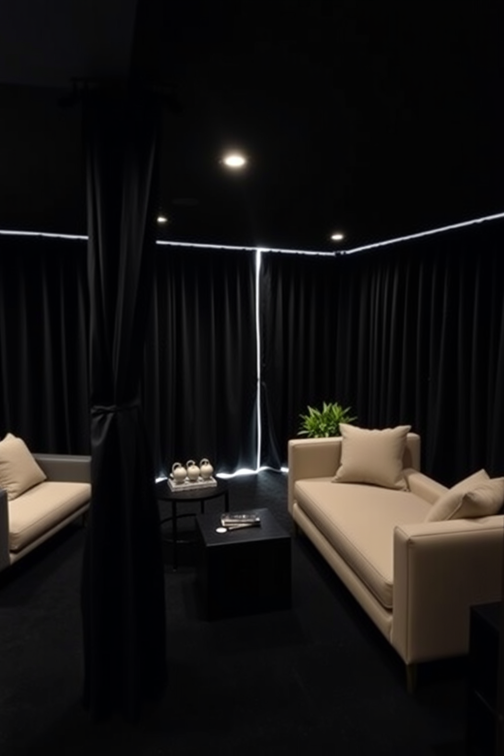 A sleek black basement featuring dark curtains that provide added privacy. The space is adorned with modern furnishings and ambient lighting that creates a cozy atmosphere.