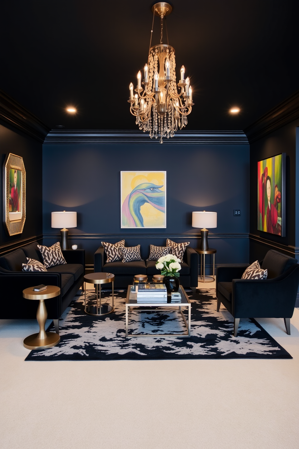 A stylish black basement featuring sliding barn doors that add a touch of elegance to the space. The walls are painted a deep charcoal gray, complemented by warm wooden accents and soft ambient lighting.