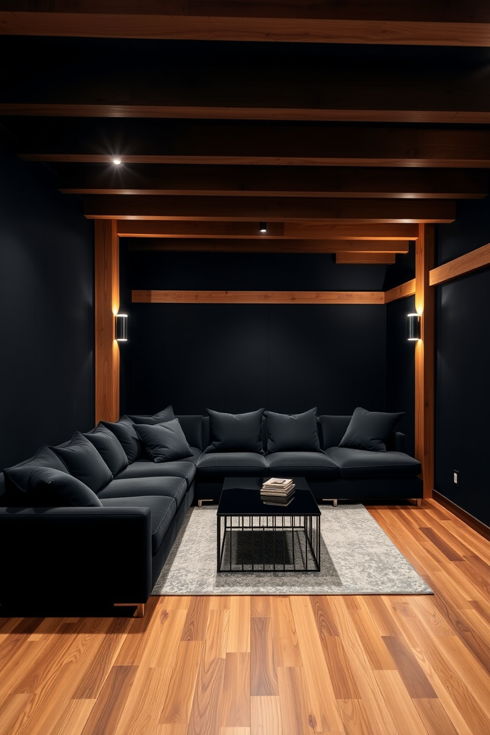 A stylish black basement featuring warm wooden accents. The walls are painted in deep black, complemented by rich wooden beams and flooring that create a cozy atmosphere. Soft lighting fixtures are strategically placed to highlight the wood elements while providing a welcoming glow. A plush sectional sofa in dark fabric is arranged around a sleek coffee table, enhancing the inviting feel of the space.