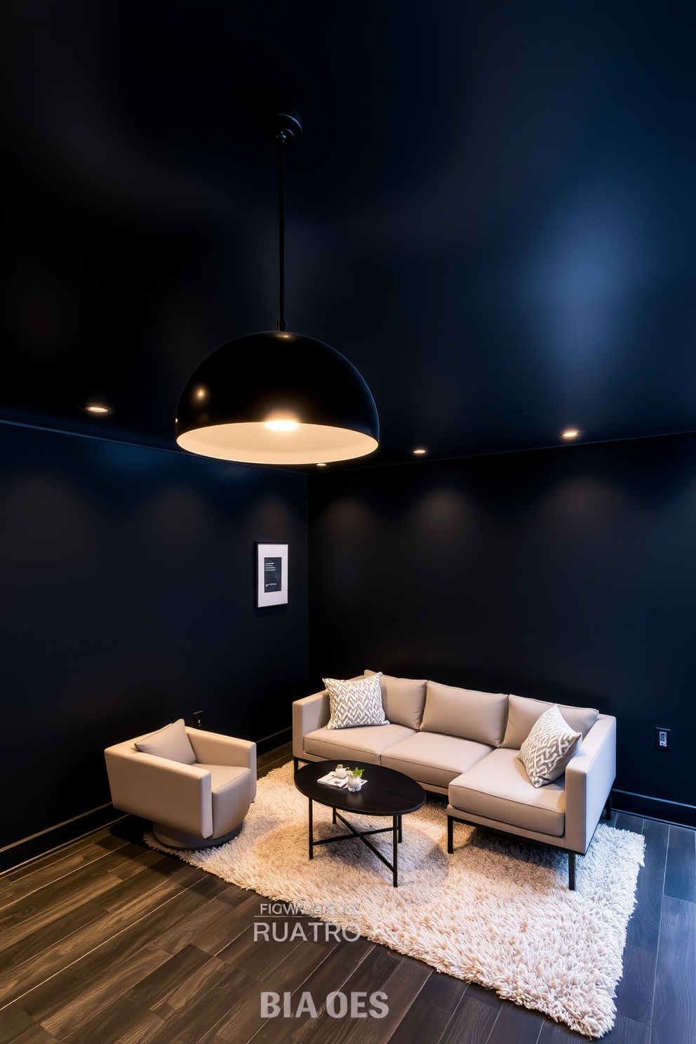 Artistic black mural that creates a striking focal point in a modern basement. The mural features abstract shapes and textures that add depth and intrigue to the space. The basement design incorporates sleek black furniture with minimalist lines. Soft ambient lighting enhances the cozy atmosphere while contrasting with the bold mural.