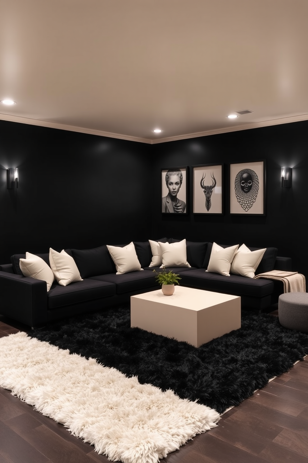 A stunning black basement design featuring a sleek black sectional sofa adorned with cream accent pillows. The walls are painted in a deep matte black, while the ceiling boasts a modern cream finish, creating a striking contrast. In one corner, a minimalist cream coffee table sits atop a plush black area rug, enhancing the cozy atmosphere. Ambient lighting from stylish black sconces illuminates the space, highlighting the unique artwork displayed on the walls.