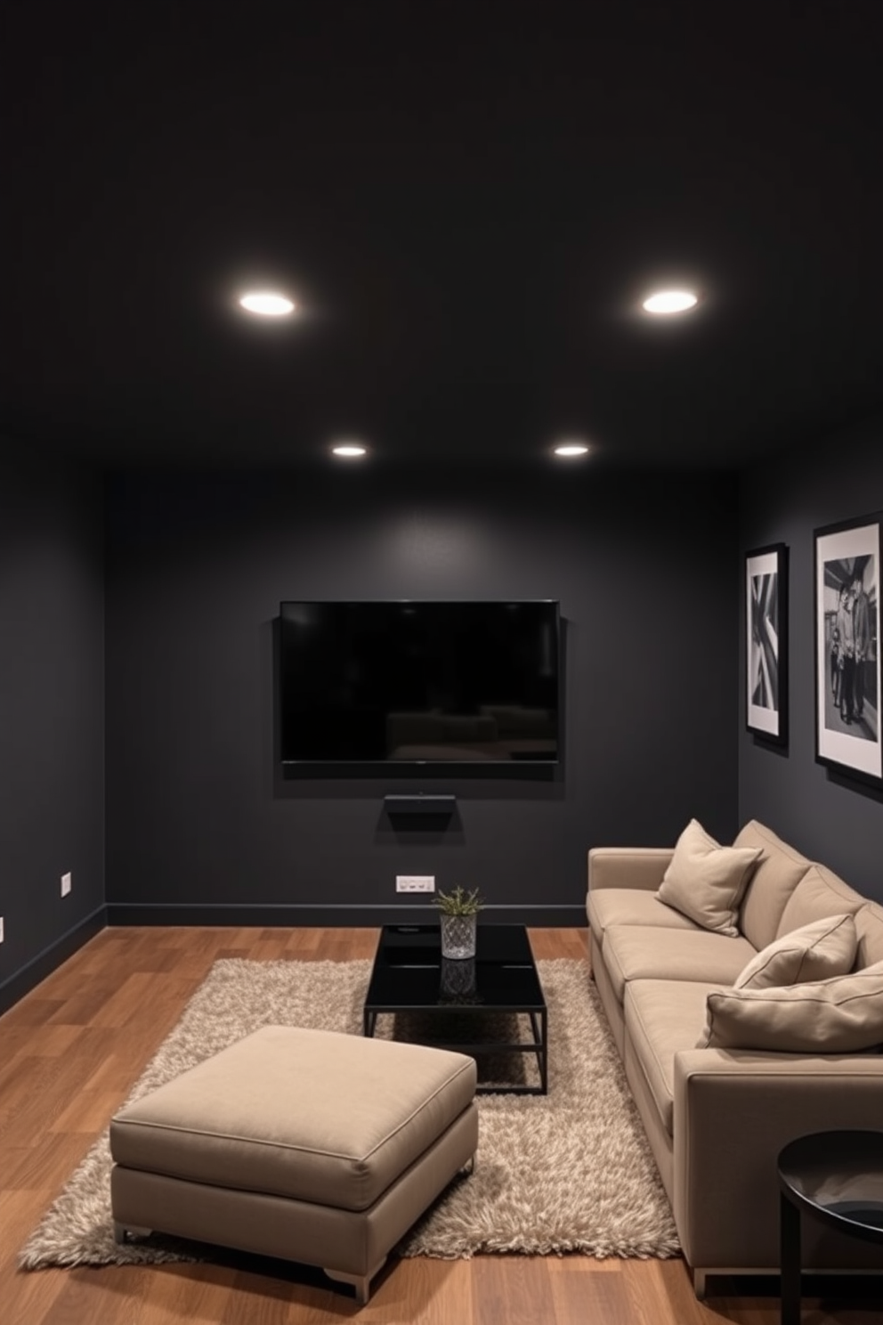 A modern basement with a black wall-mounted TV as the focal point. The space features a cozy sectional sofa in a neutral tone, complemented by a sleek coffee table and ambient lighting. The walls are painted in a deep charcoal color, enhancing the contemporary vibe. A plush area rug adds warmth, while framed artwork brings a touch of personality to the room.