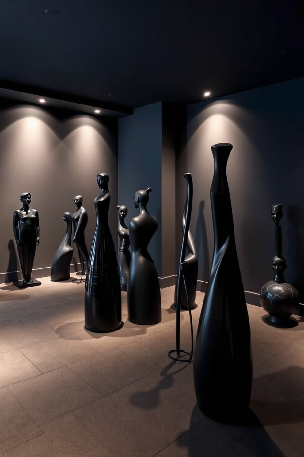 Artistic black sculptures are strategically placed throughout the room, adding a striking visual interest to the space. The sculptures vary in height and form, creating a dynamic interplay of shapes against the backdrop of the basement. The basement features a deep charcoal color palette, enhancing the intimate atmosphere while highlighting the artistic elements. Soft ambient lighting illuminates the sculptures, casting intriguing shadows that enrich the overall design.