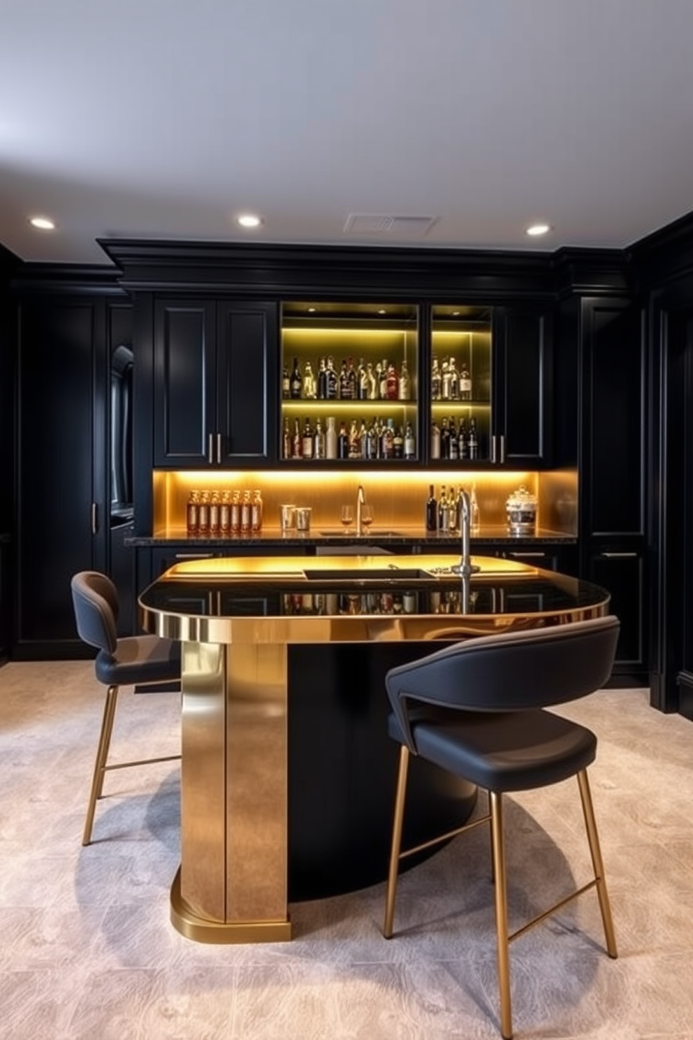 A modern black bar with gold accents is the focal point of the space. The bar features sleek black cabinetry, a polished gold countertop, and stylish bar stools with gold legs. The basement is designed with a contemporary aesthetic, showcasing a mix of dark tones and luxurious finishes. Soft lighting highlights the elegant features, creating a cozy and inviting atmosphere.