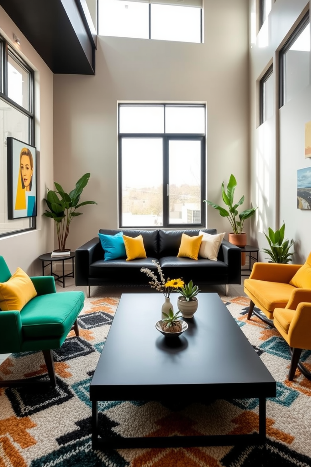 A sleek black sofa occupies the center of the room, complemented by vibrant throw pillows in shades of yellow and turquoise. Large windows allow natural light to flood in, enhancing the bright decor that includes abstract art pieces on the walls. The basement features a minimalist black coffee table paired with colorful accent chairs that invite conversation. A plush area rug in a bold pattern anchors the space, while strategically placed plants add a touch of greenery.