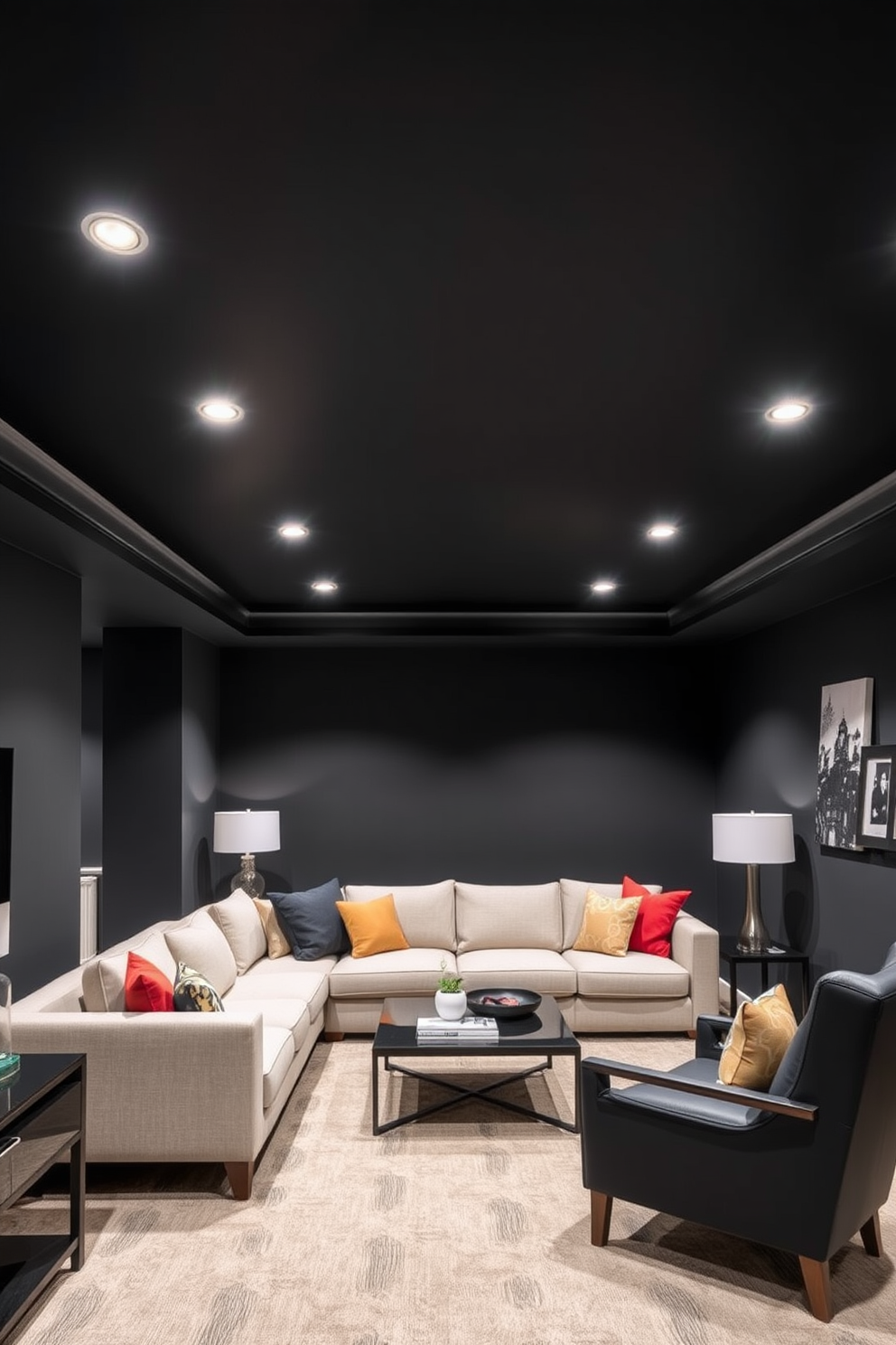 A striking black ceiling with recessed lighting creates a dramatic atmosphere in the basement. The walls are painted in a deep charcoal gray, complementing the sleek, modern furnishings arranged throughout the space. A cozy seating area features a plush sectional sofa in a light fabric, paired with a stylish coffee table. Accent pillows in bold colors add a pop of vibrancy against the dark backdrop, enhancing the inviting ambiance.