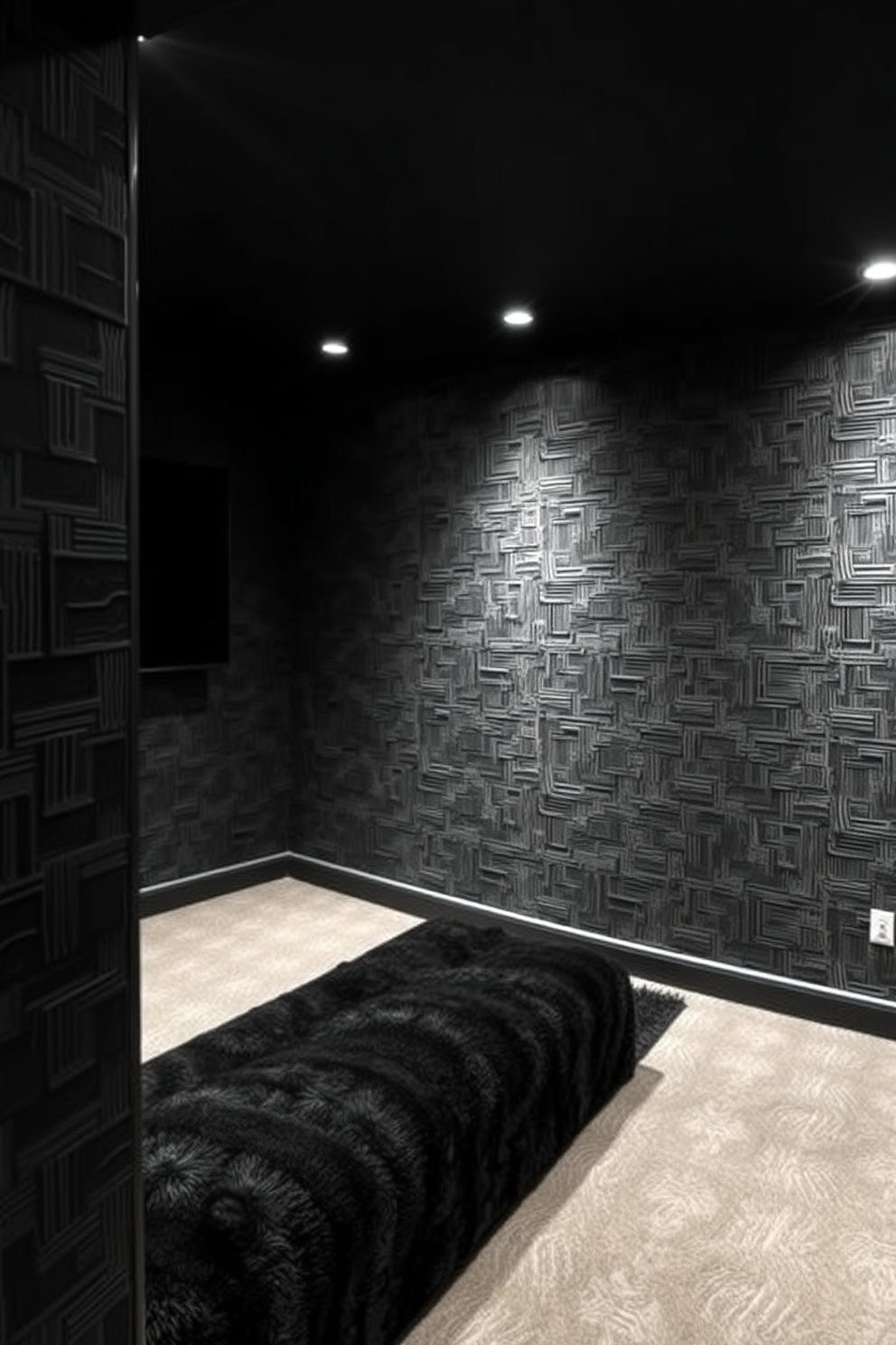 A striking black basement design featuring textured black wallpaper that adds depth and sophistication to the space. The room is illuminated by sleek recessed lighting that highlights the rich textures of the walls and creates an inviting atmosphere.