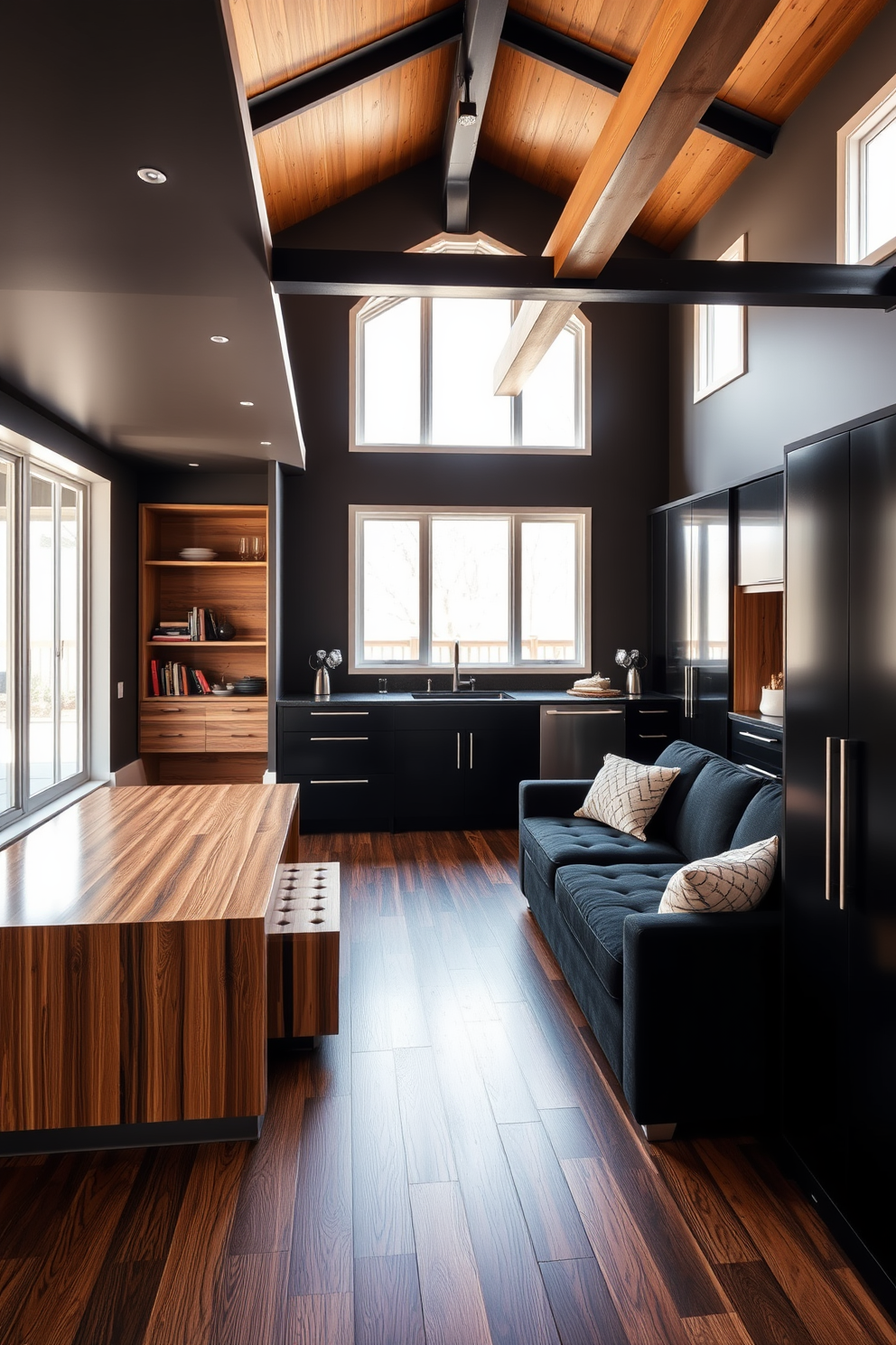 An open layout featuring a harmonious blend of black and wood tones creates a modern yet inviting atmosphere. The space showcases sleek black cabinetry paired with warm wooden accents, enhancing the overall aesthetic. The basement is designed with a cozy seating area that includes a plush black sectional sofa and a wooden coffee table. Large windows allow natural light to flood the space, highlighting the contrast between the dark and warm elements.