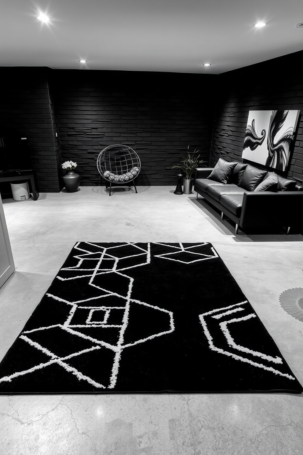 A striking black and white geometric rug is placed centrally on a polished concrete floor, adding a bold contrast to the minimalist decor. The intricate patterns create visual interest, drawing the eye and enhancing the contemporary aesthetic of the space. The black basement features sleek, modern furniture with clean lines and a cozy seating area. Soft ambient lighting illuminates the room, highlighting the textured walls and creating an inviting atmosphere for relaxation and entertainment.