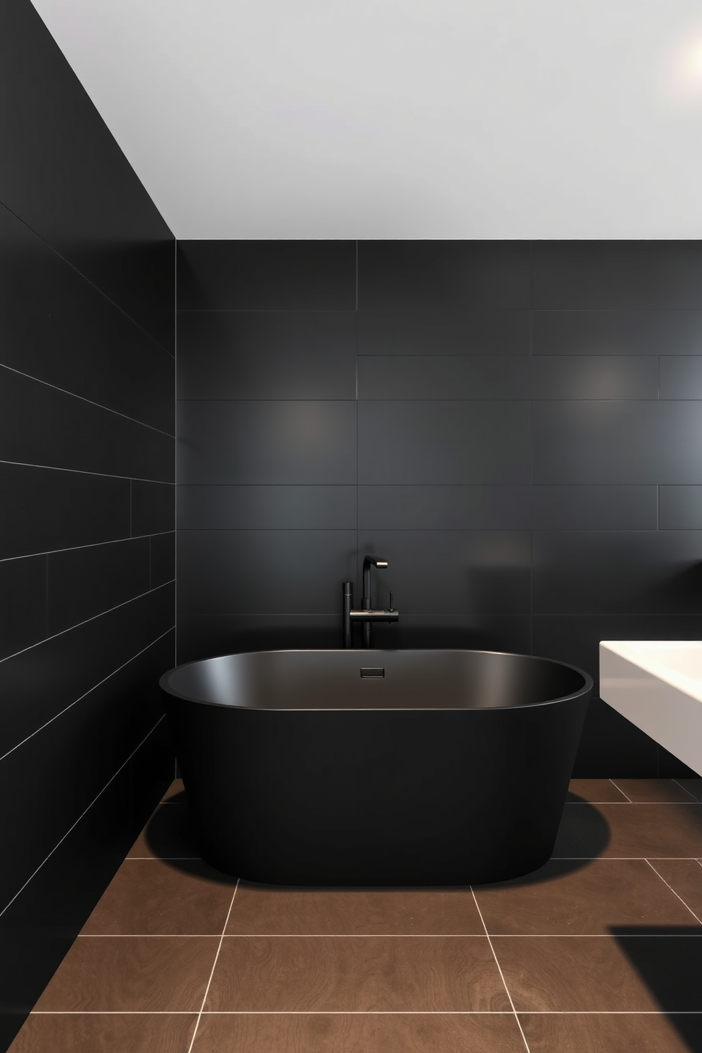 A modern black bathroom featuring sleek black fixtures paired with elegant white accents. The space includes a freestanding black bathtub centered under a large window, with minimalist white shelving showcasing stylish decor. The walls are painted in a deep matte black, creating a dramatic backdrop for the bright white vanity with a large mirror above it. Polished white marble flooring complements the design, while a geometric black and white rug adds texture to the space.