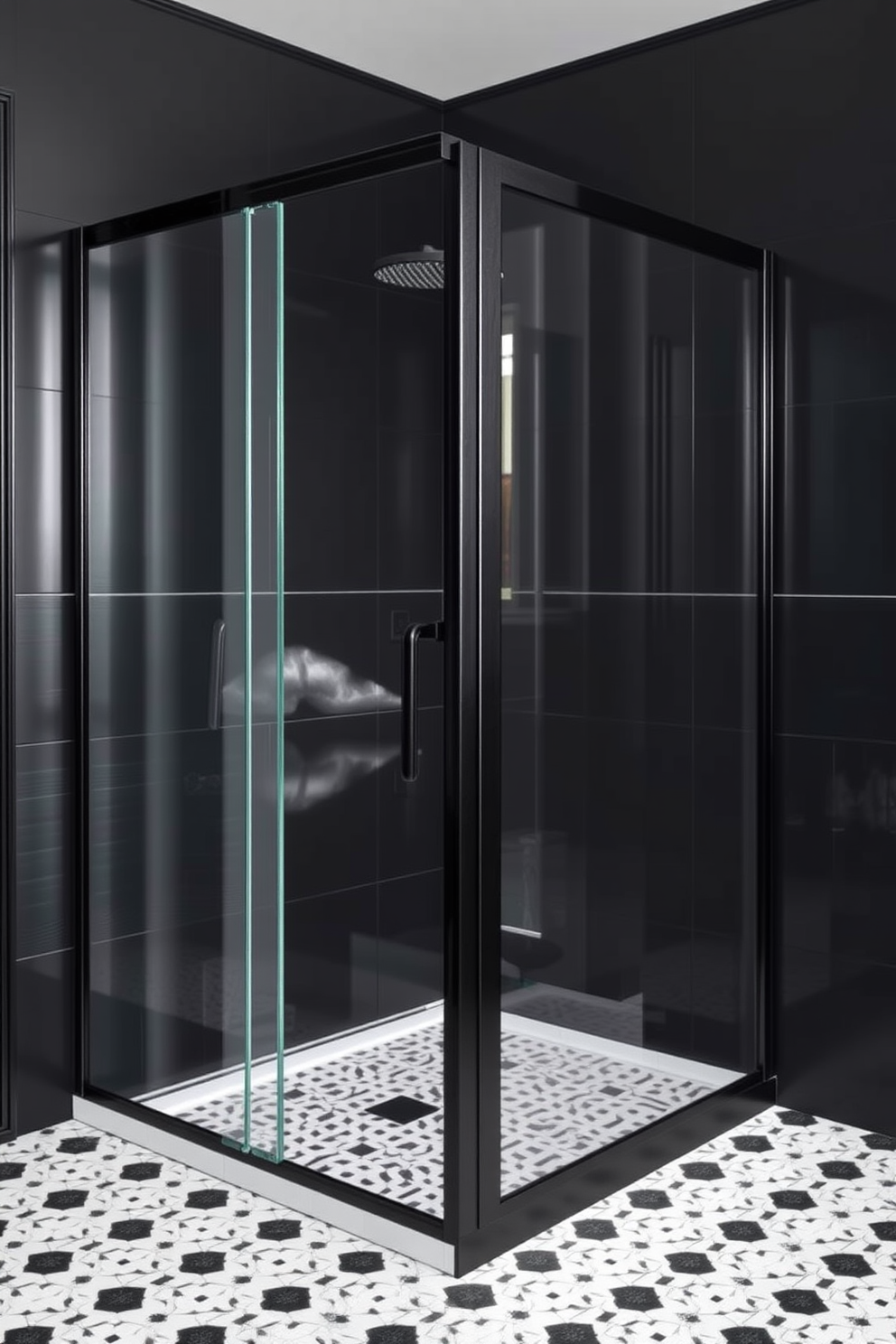 A sleek black bathroom featuring a glass shower enclosure with elegant black trim. The walls are adorned with matte black tiles, and the floor is finished with glossy black and white patterned tiles.