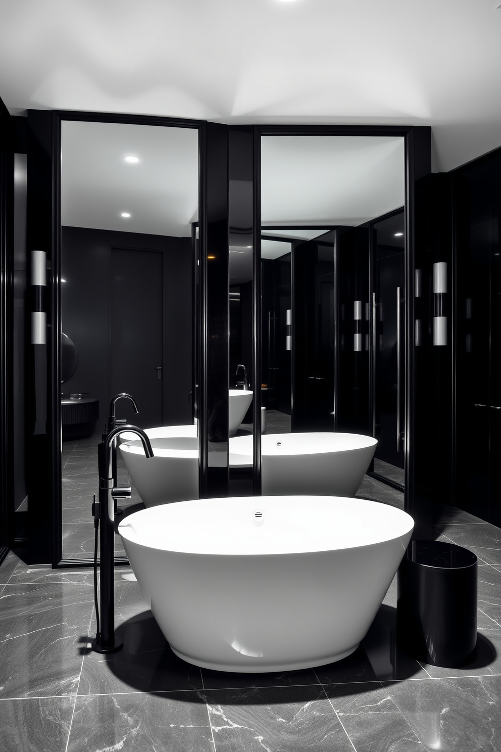 A striking black bathroom design featuring large black framed mirrors that create a bold focal point. The space is accented with sleek black fixtures and a modern freestanding tub, complemented by elegant lighting for a sophisticated ambiance.