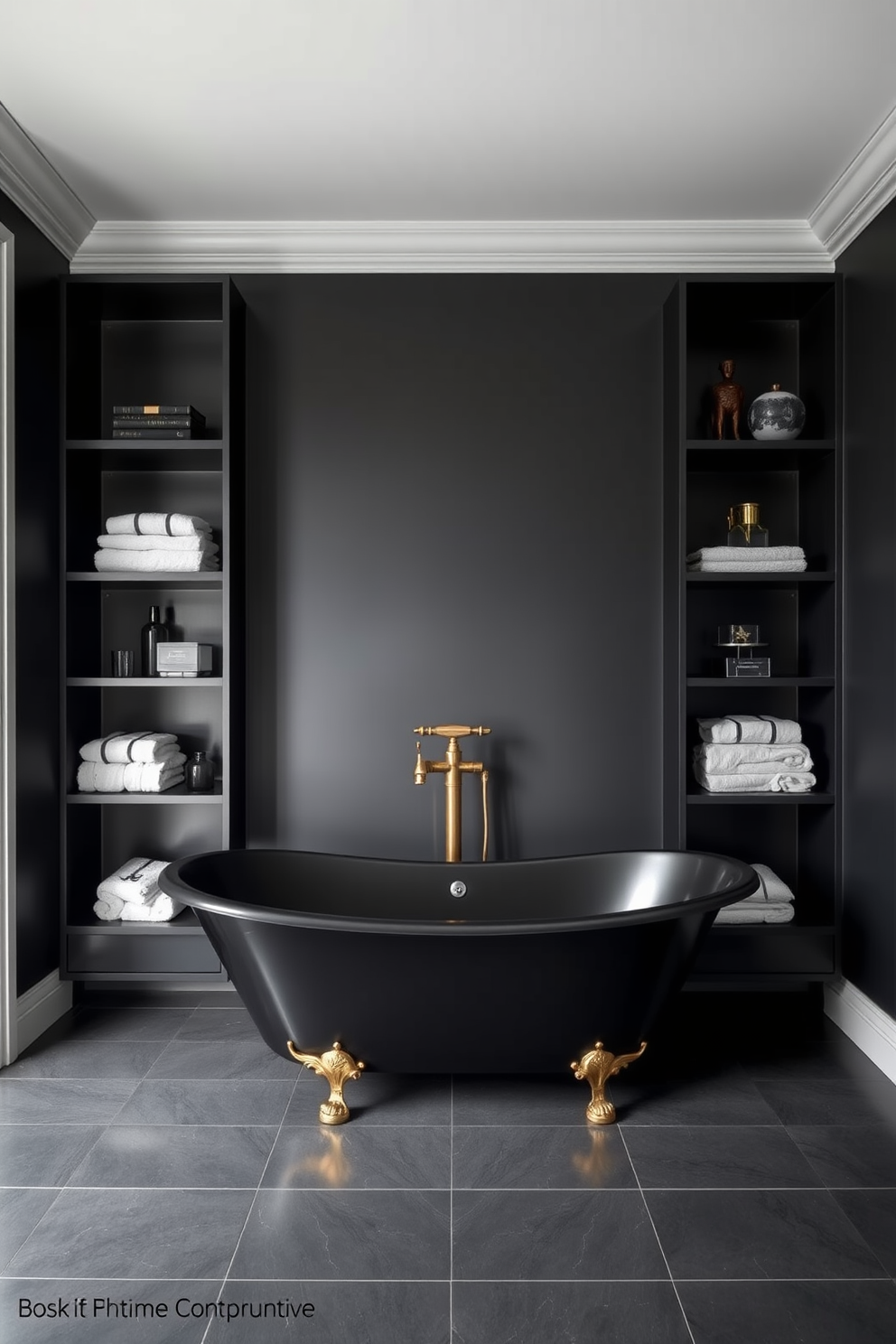 A modern bathroom featuring open shelving with sleek black finishes for storage. The walls are painted in a deep matte black, creating a bold and elegant backdrop for the decor. The open shelves are adorned with neatly arranged towels and decorative items, adding a touch of sophistication. A stylish black freestanding tub sits in the center, complemented by brushed gold fixtures for a luxurious contrast.