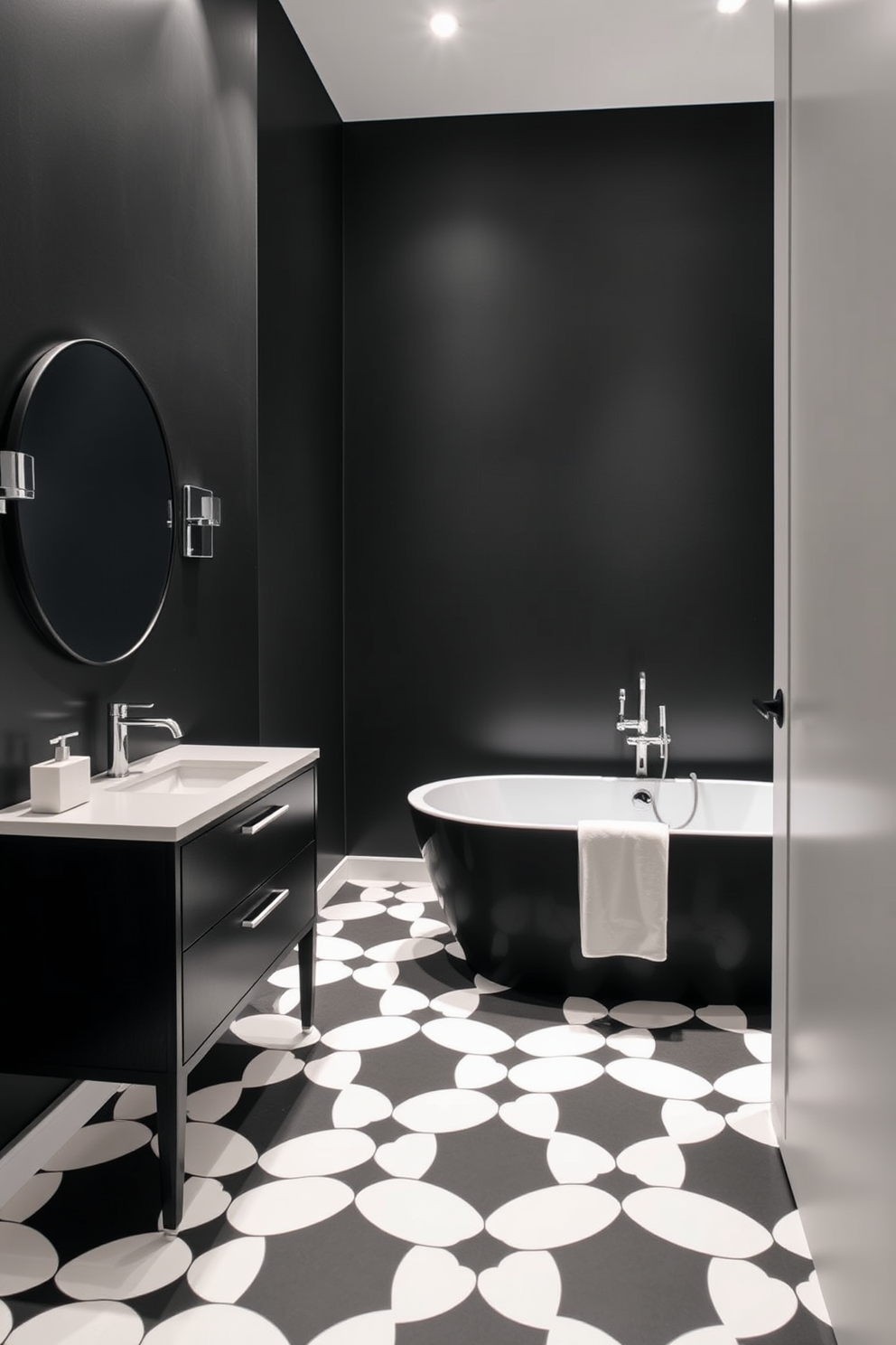 A luxurious black bathroom featuring elegant gold accessories. The space includes a sleek black freestanding bathtub with gold fixtures and a stylish gold-framed mirror above a black vanity. The walls are adorned with textured black tiles that create a dramatic backdrop. Gold accents are incorporated through accessories like towel racks, soap dispensers, and decorative elements to enhance the opulence of the design.