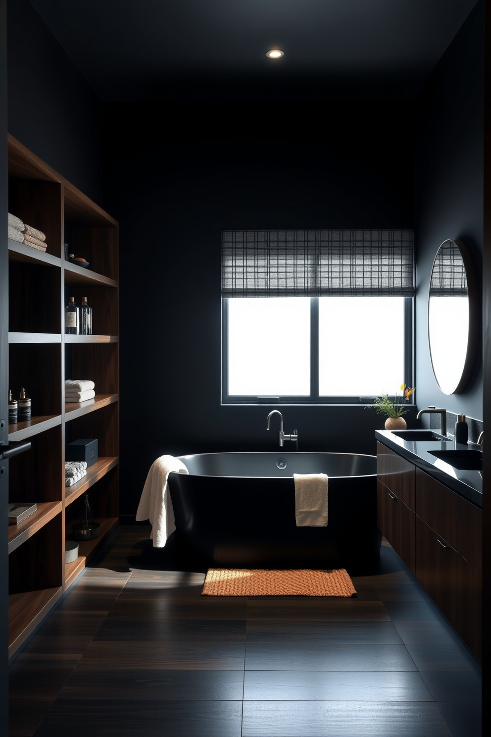 A vintage black clawfoot tub sits elegantly in the center of a chic bathroom. The surrounding walls are adorned with sleek black tiles, creating a striking contrast that enhances the modern flair of the space. Soft ambient lighting highlights the tub's curves, while a stylish freestanding faucet adds a contemporary touch. A plush area rug in muted tones complements the overall design, making the bathroom a perfect blend of vintage charm and modern sophistication.