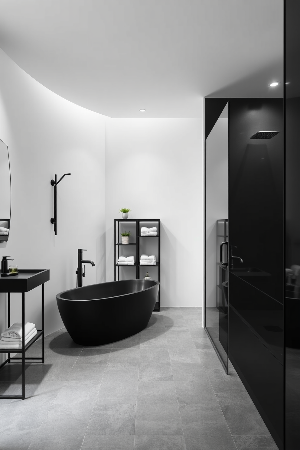 A modern black bathroom featuring sleek black faucets and fixtures that create a striking contrast against the white walls. The space includes a freestanding black bathtub and a spacious walk-in shower with a glass enclosure, complemented by elegant lighting fixtures. The floor is adorned with large gray tiles that add depth to the design. Decorative elements include a minimalist black shelving unit displaying neatly folded towels and a small potted plant for a touch of greenery.